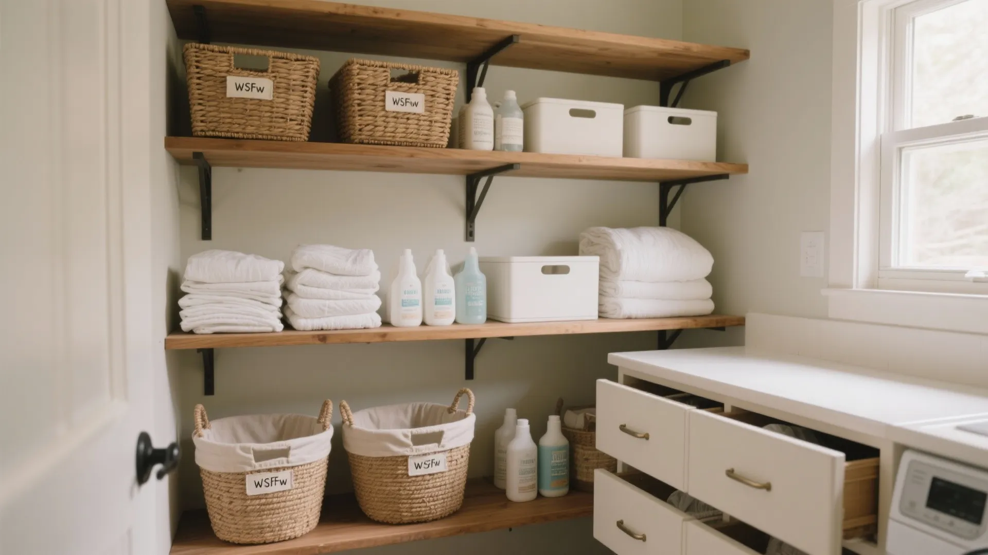 4. Open shelving, labeled baskets and drawer dividers