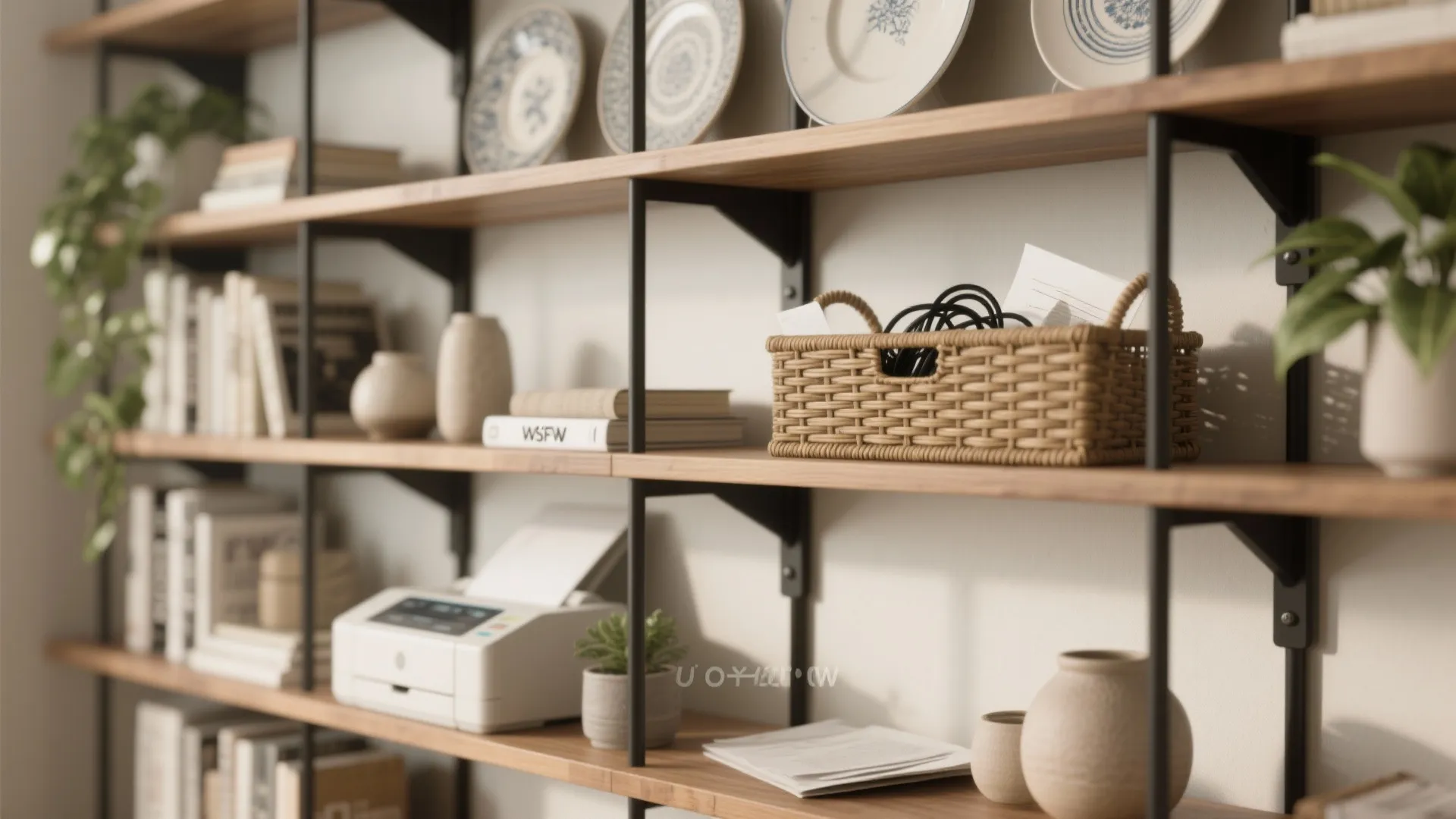 5. Open shelving as a visual divider and workstation anchor