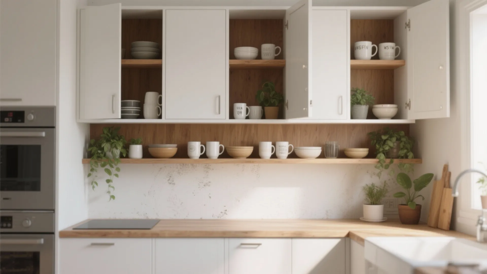 Minimalist white kitchen with open wood shelving holding various bowls mugs and small green plants