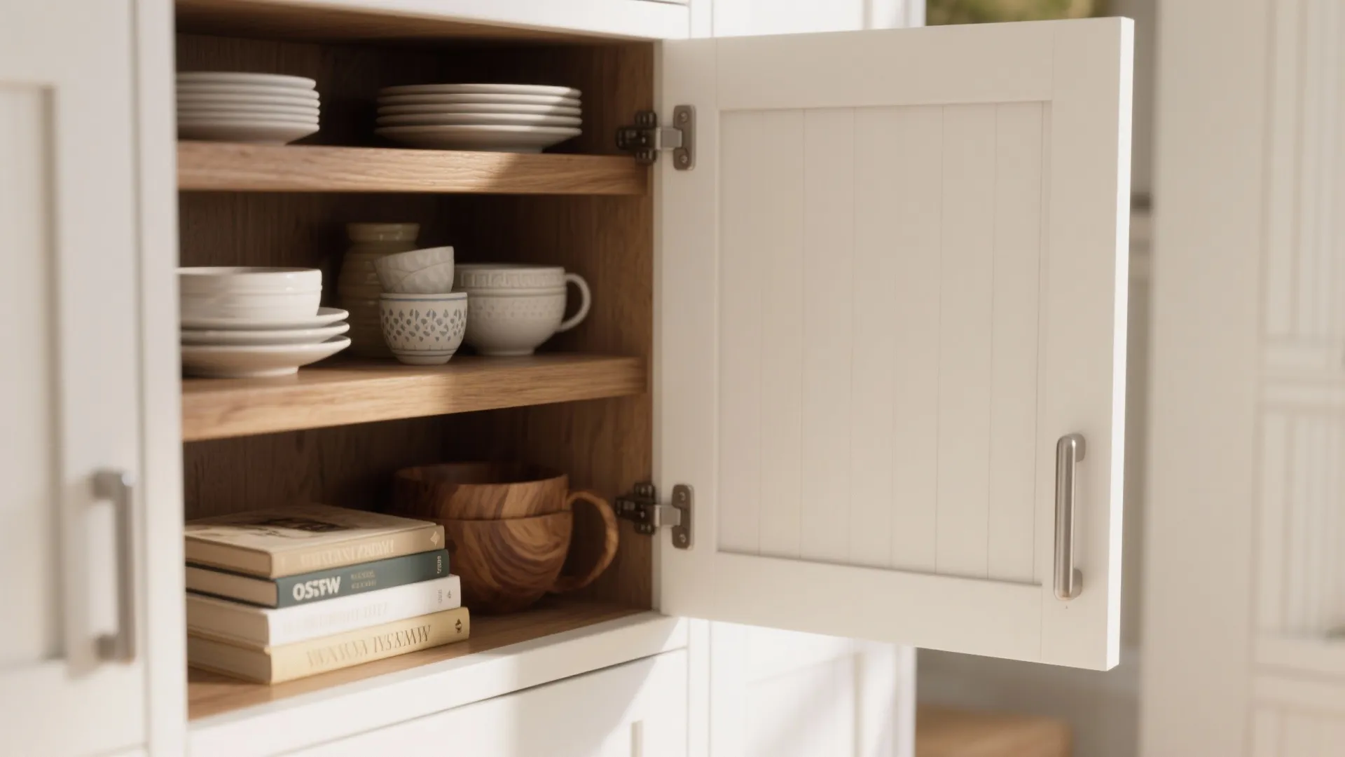 Open white kitchen cabinet with wooden shelves holding white plates mugs and a few books