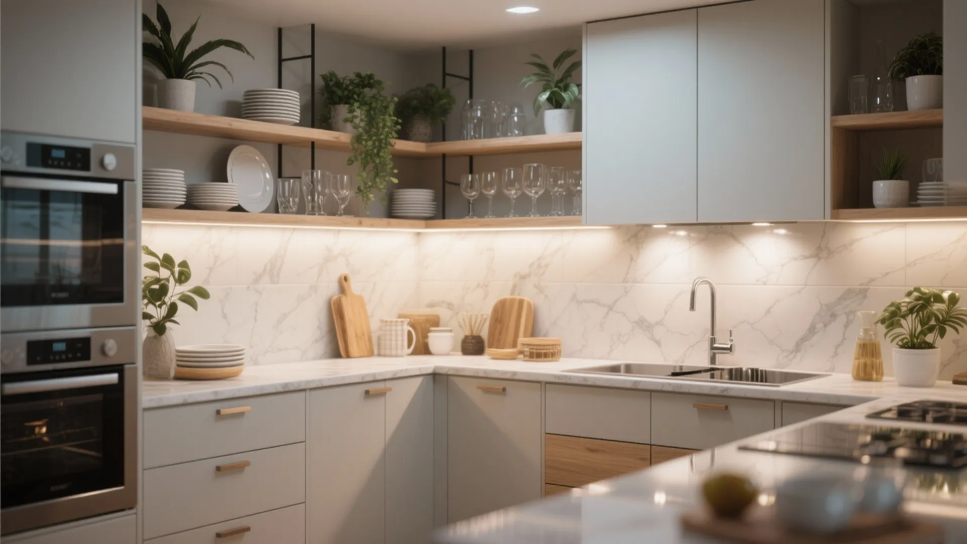 3. Open shelving + concealed storage mix