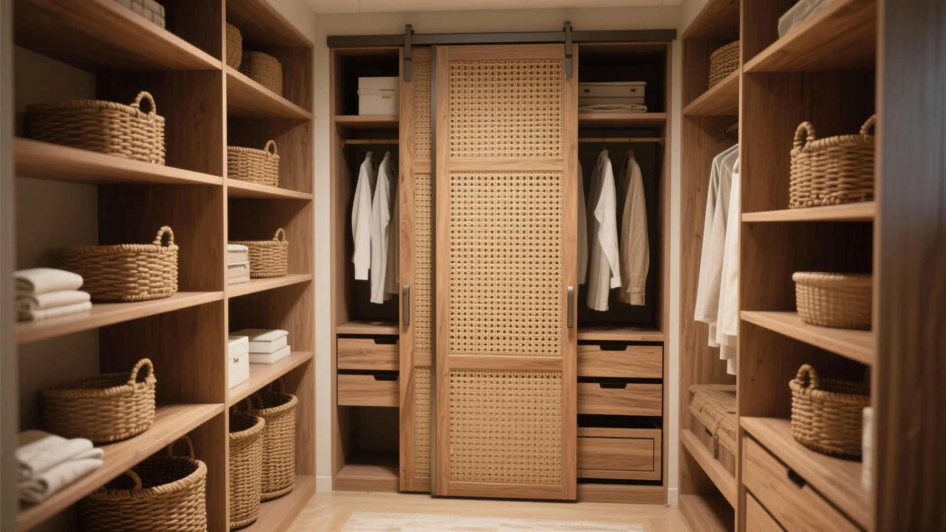 Organized wooden closet with open shelves, storage baskets, hanging white clothes, drawers, and sliding doors
