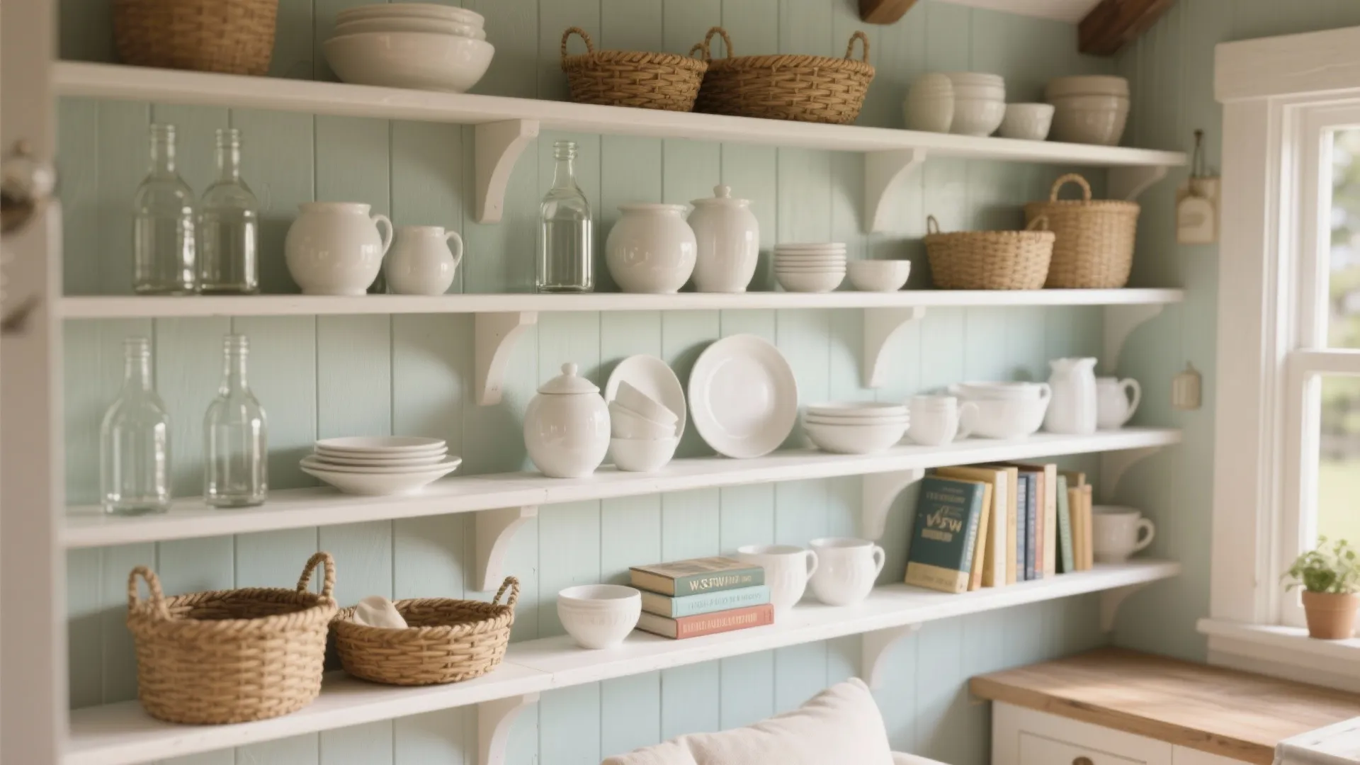 White open shelves against blue wall panel with ceramic bowls plates woven baskets and books