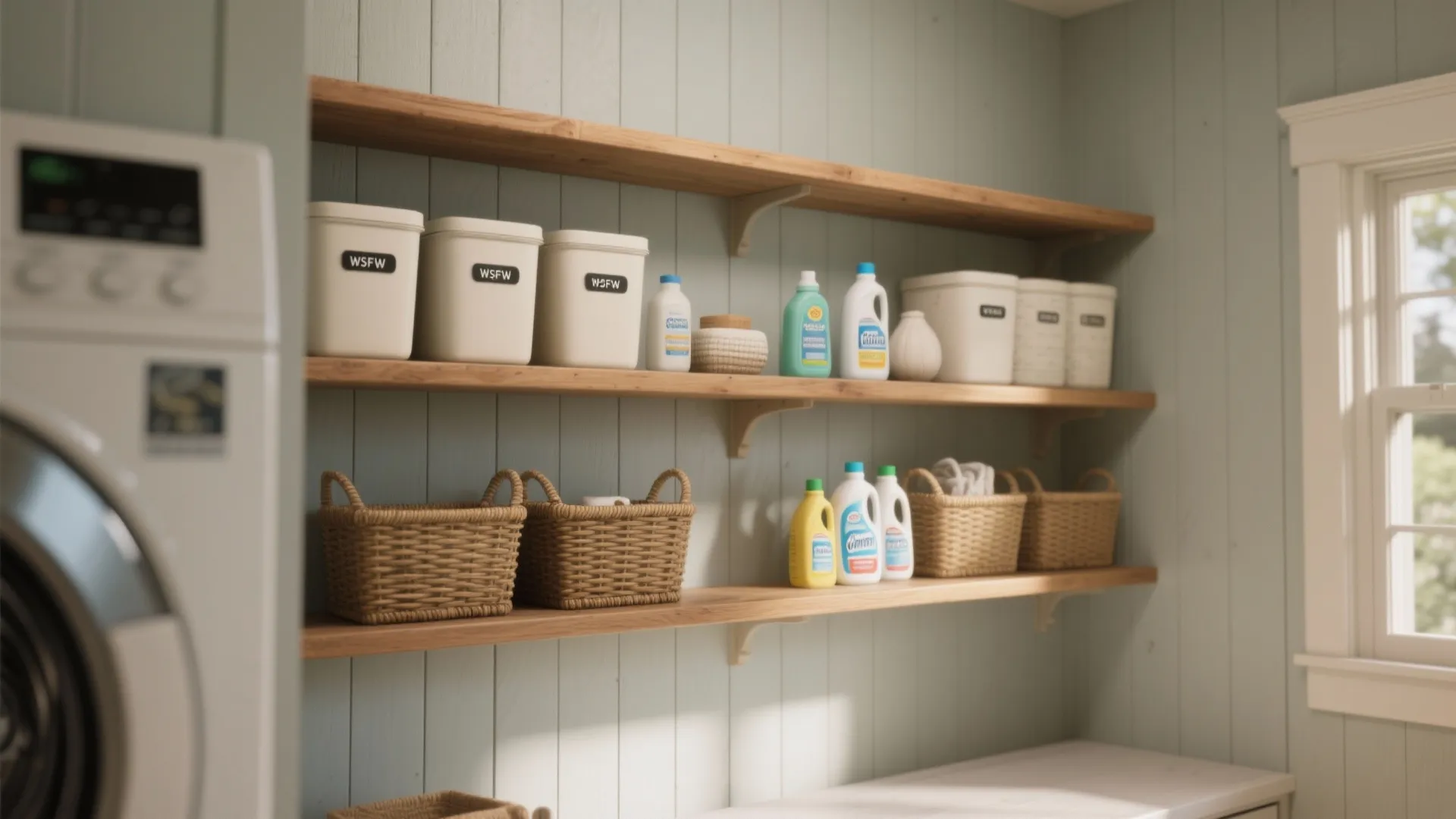 Light blue laundry room featuring wooden open shelves with white storage bins and woven baskets