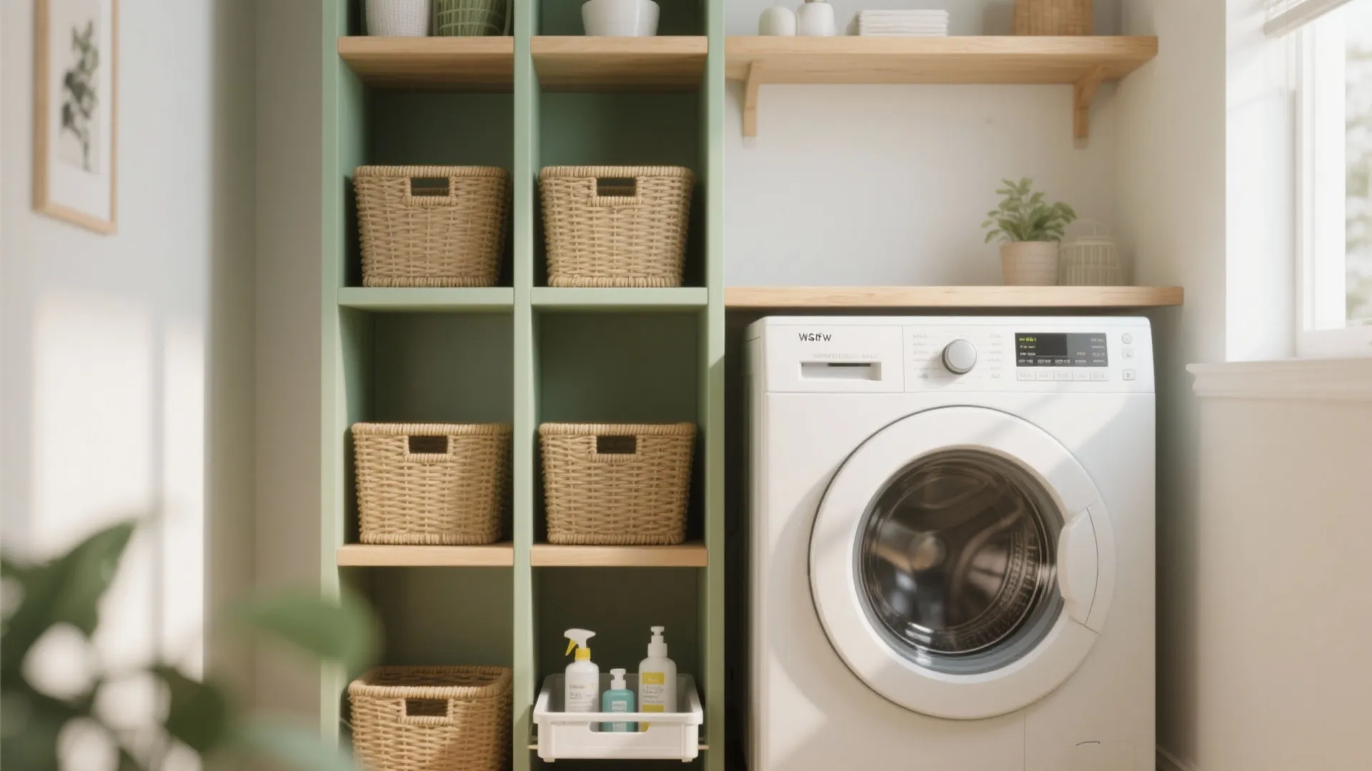 Green open shelving with wicker baskets and white washing machine in an organized laundry room