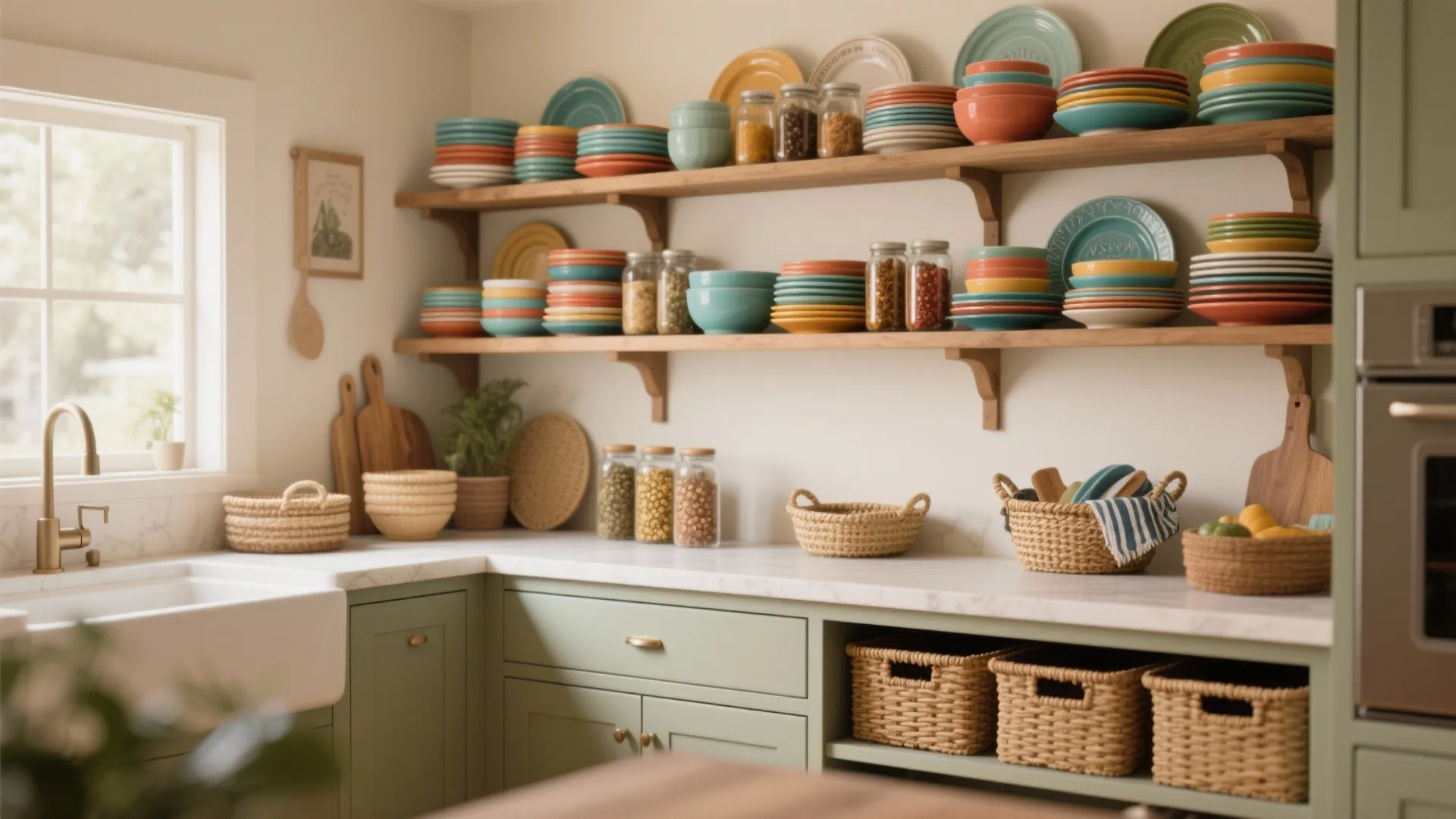 5. Open shelving for display—vibrant open shelving keeps personality visible