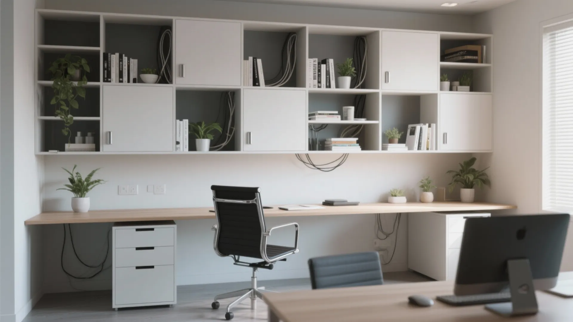2. Open shelving that doubles as a desk backdrop