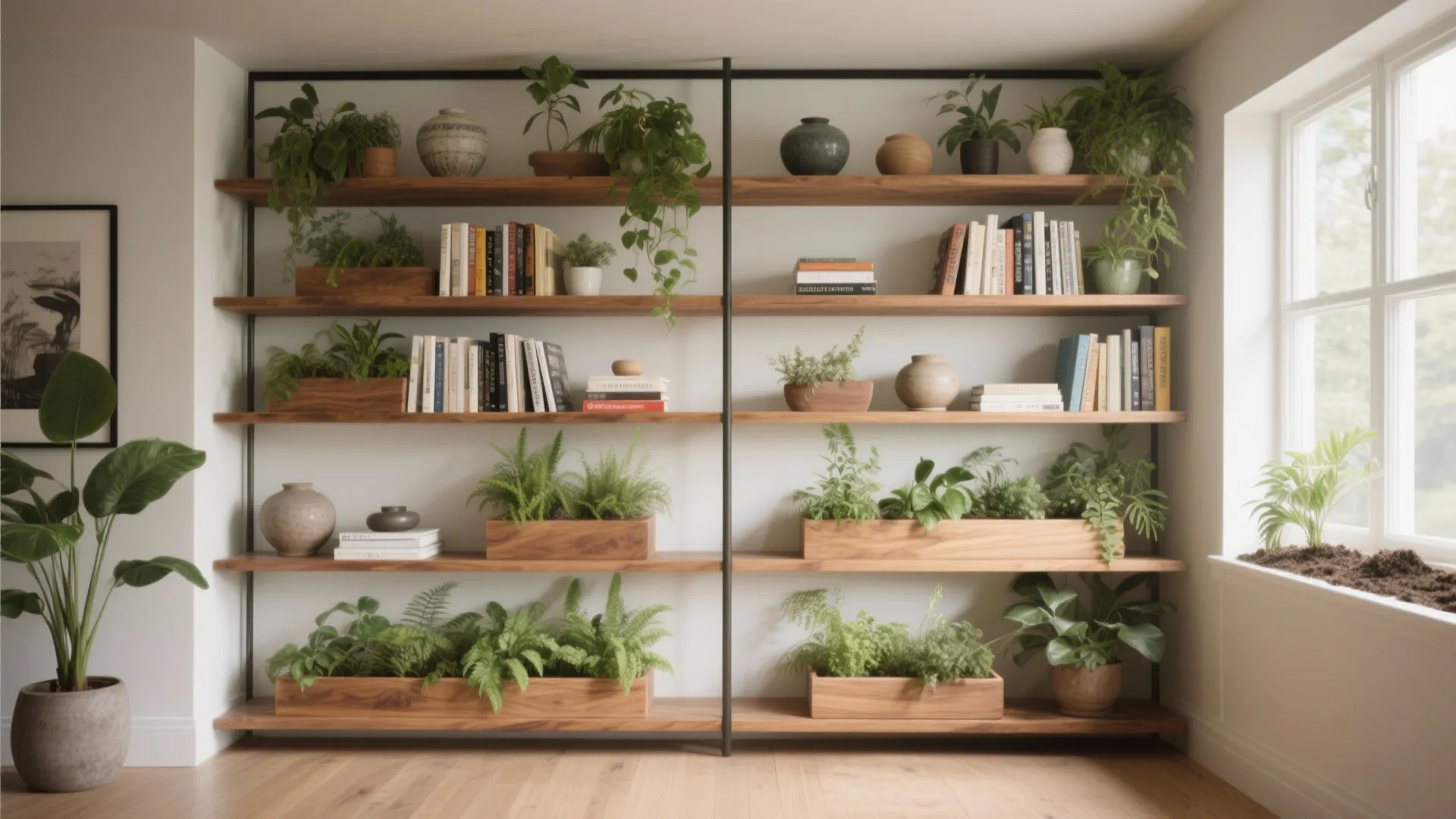 3. Open shelving divider with planters