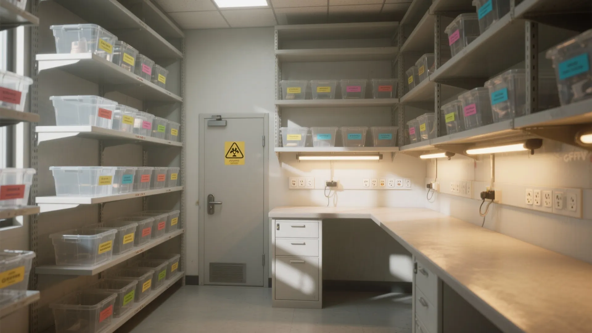 Storage room with white open wall shelves holding clear plastic bins with colorful sticky labels