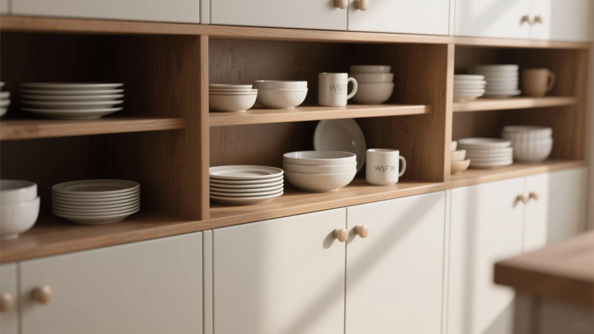 Modern wooden wall cabinet with open shelves displaying white plates bowls and mugs in kitchen area