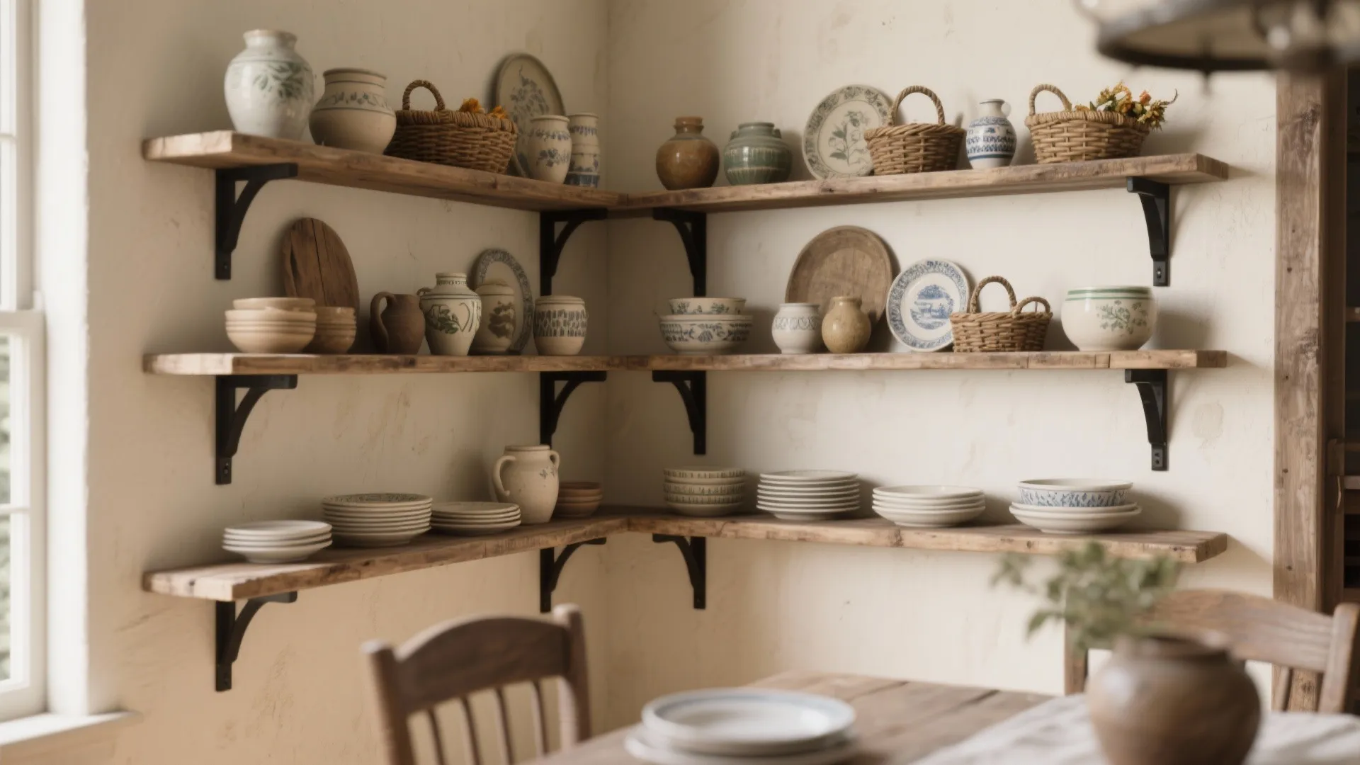 5. Open shelving and a display corner