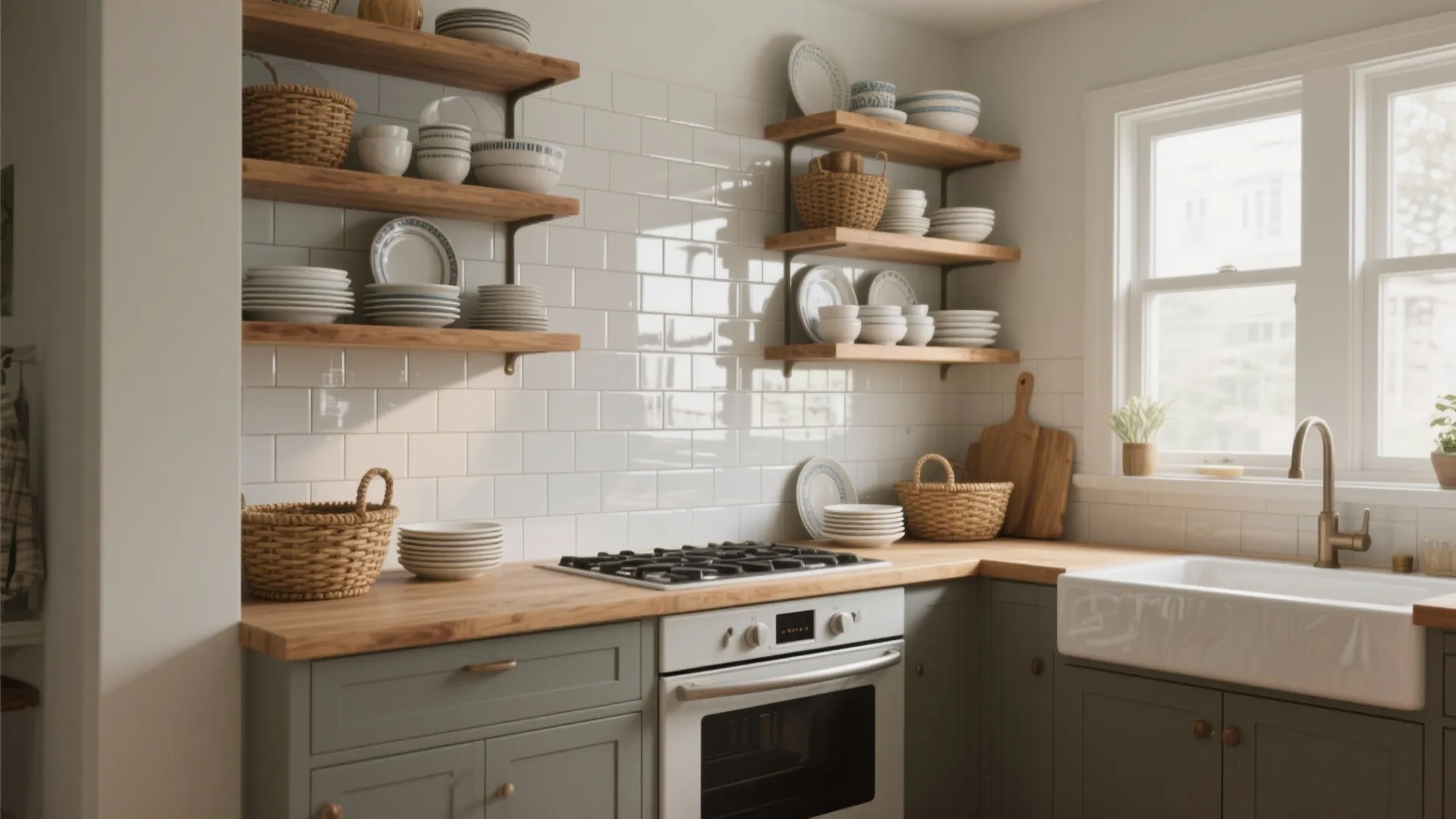 3. Open shelving + reflective surfaces to expand sightlines