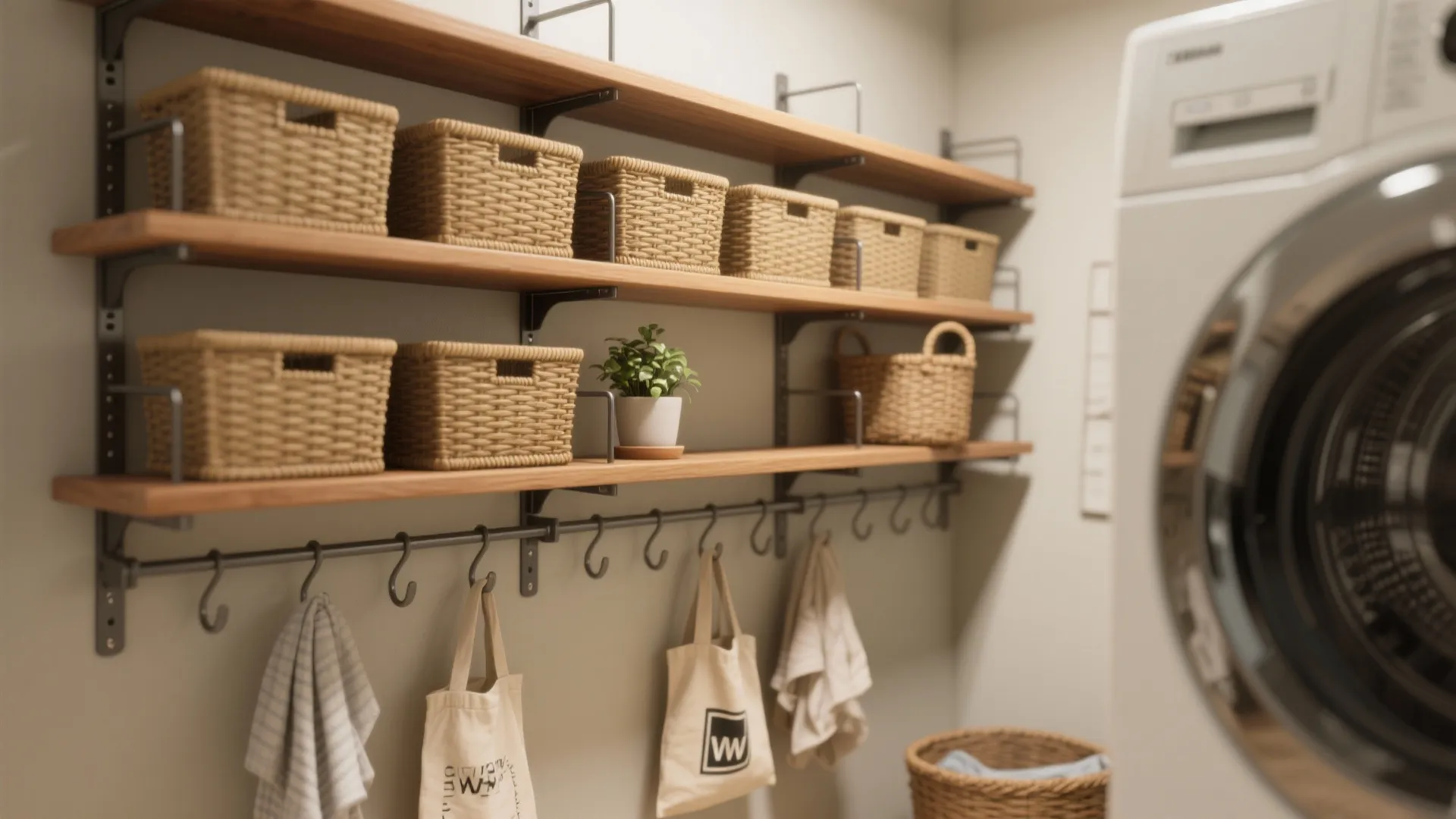 5. Adjustable Open Shelving + Smart Hooks