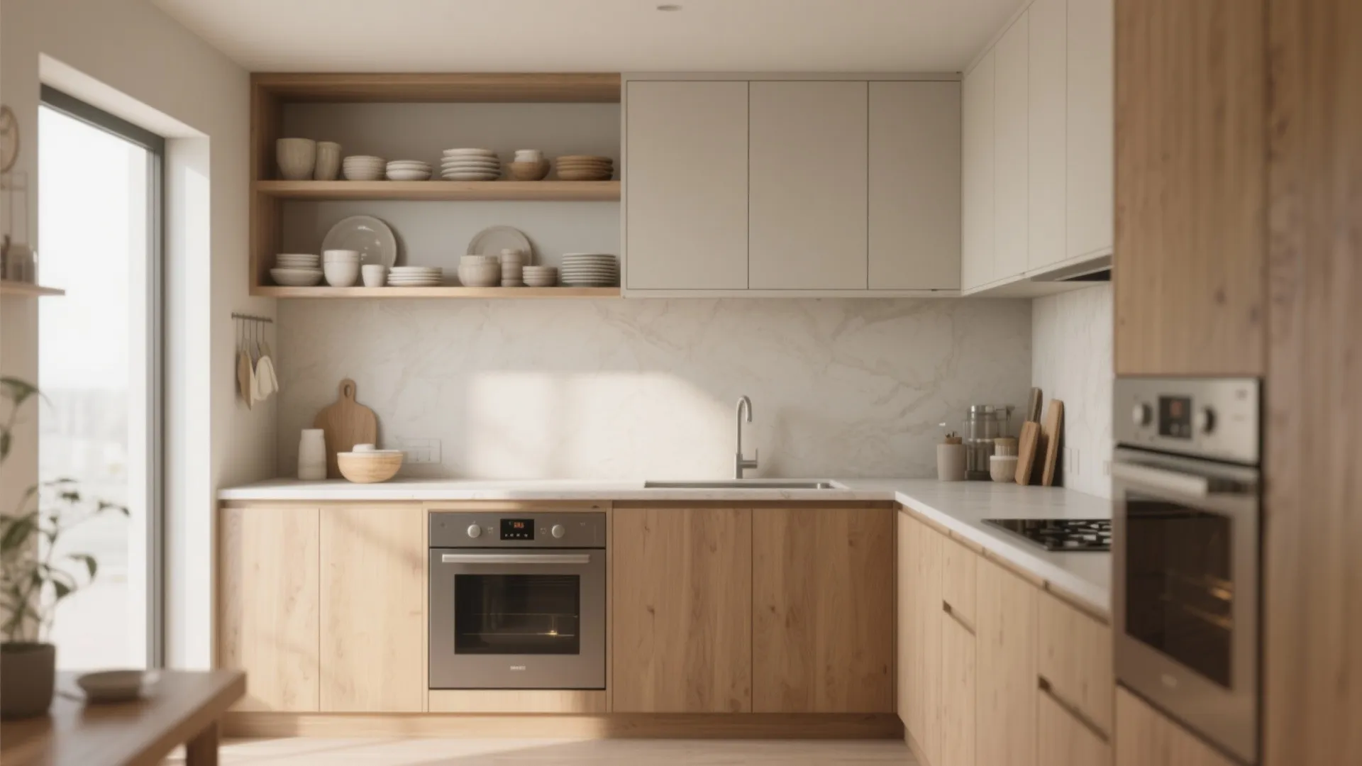 3. Open Shelving + Concealed Storage