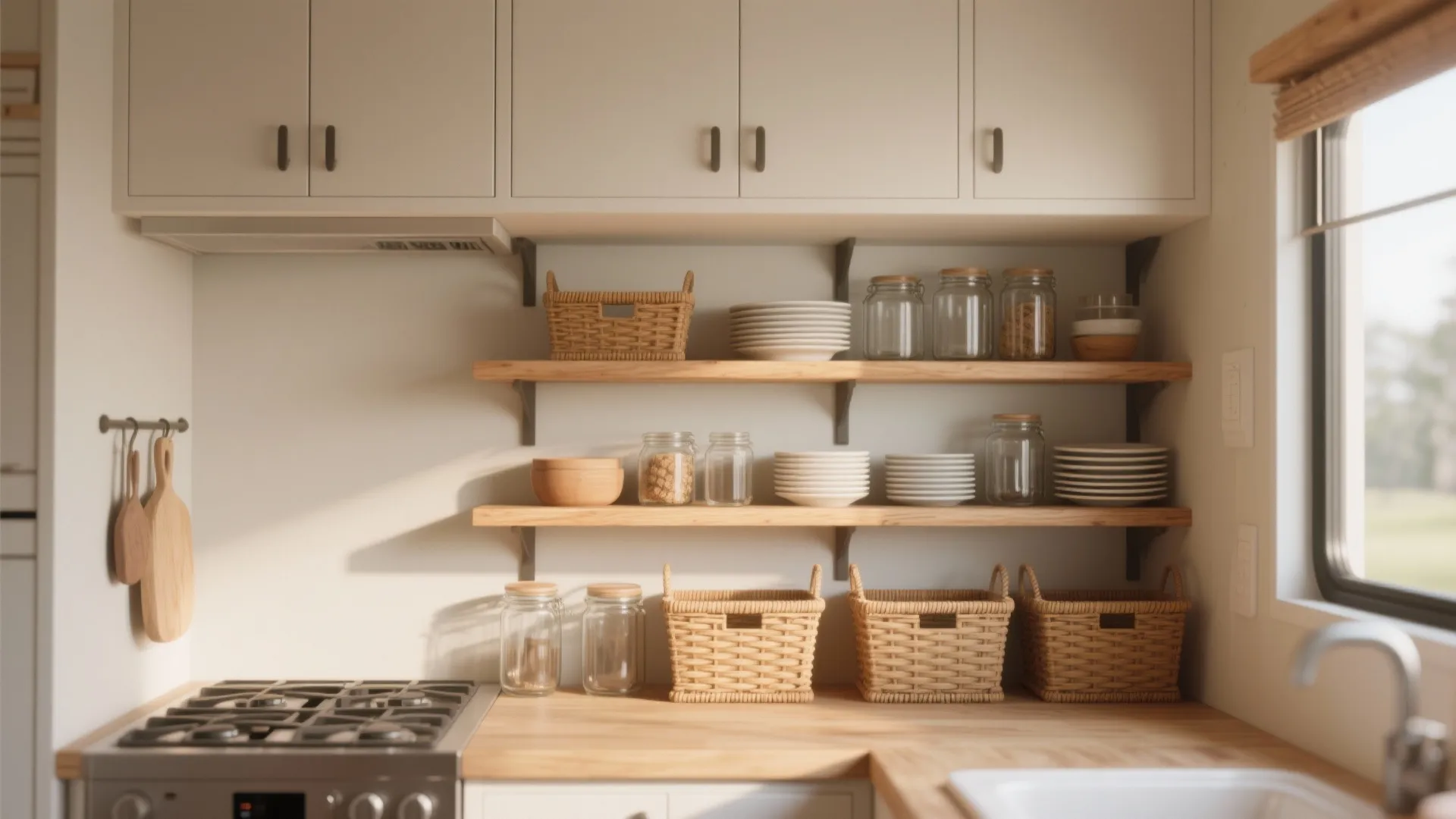 Open shelving with strategic storage