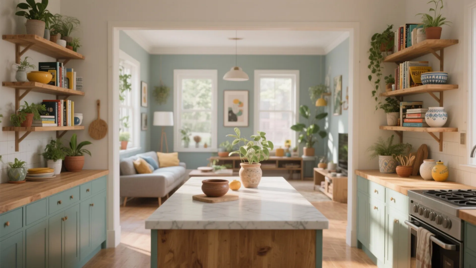 2. Open shelving island as a half-divider