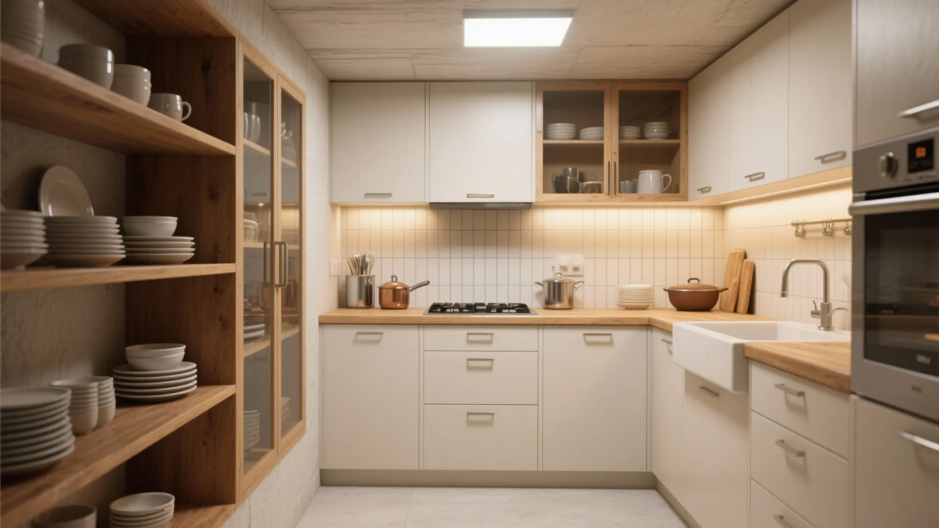 Compact basement kitchen with open wooden shelving and glass-front cabinets displaying dishes