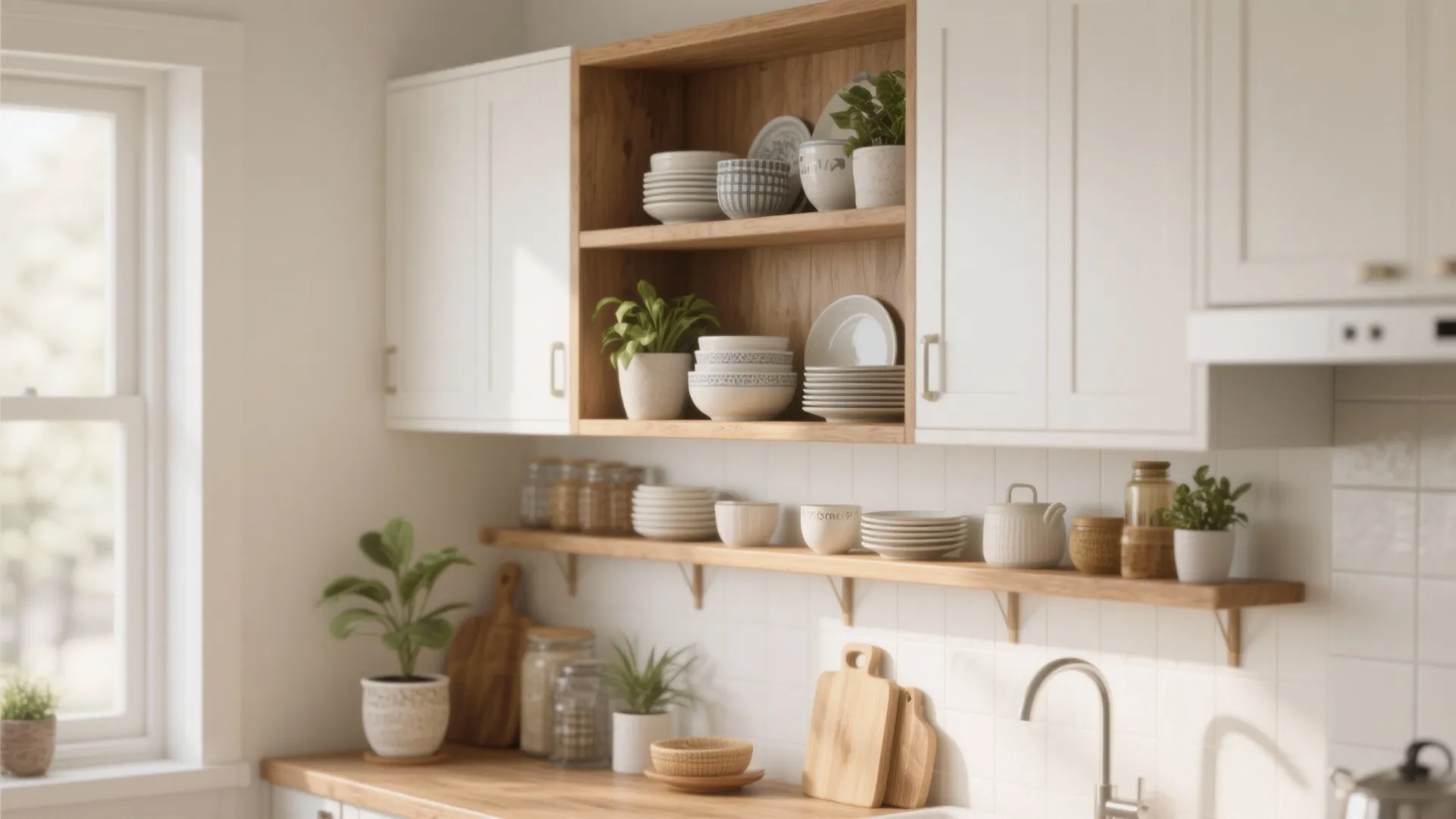Small kitchen wall with open wood shelves and closed cabinets styled with dishes and plants