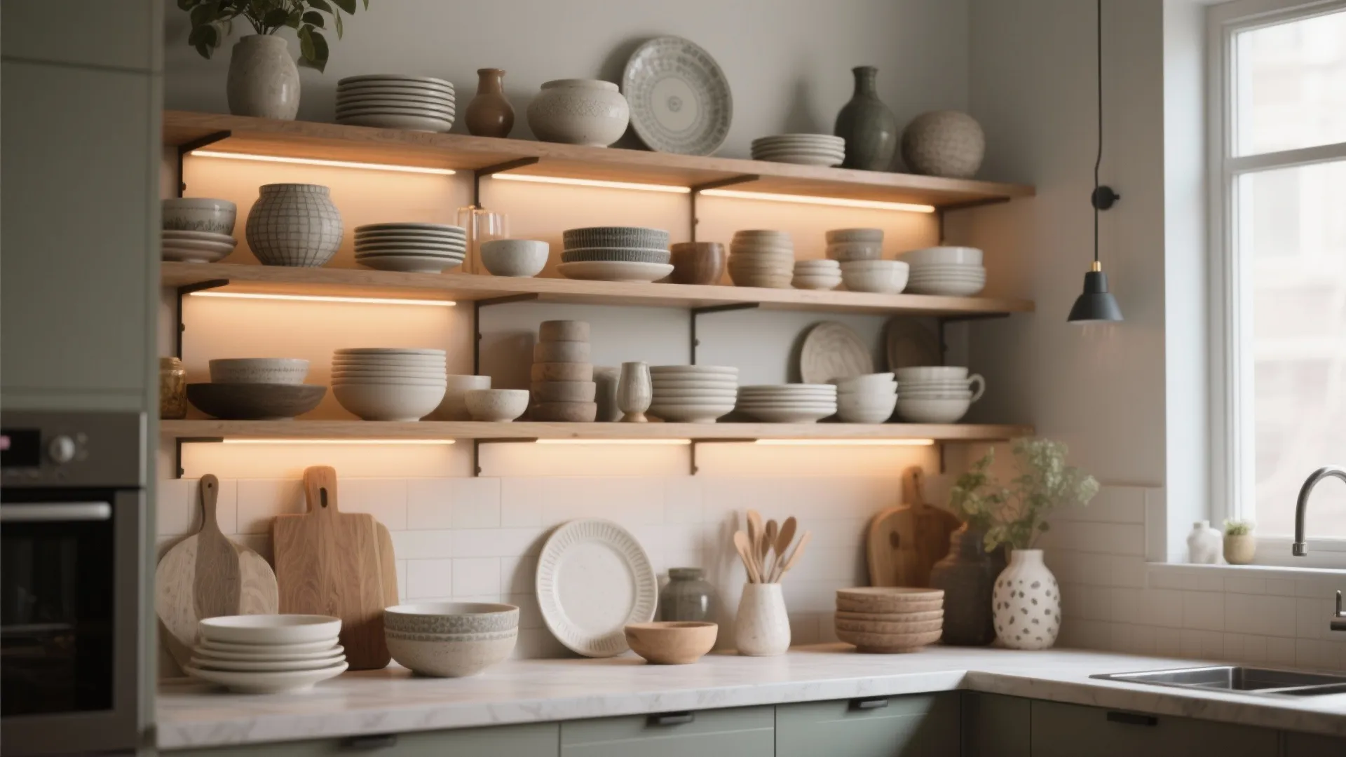 Open kitchen shelves styled with dishes and accent lighting in a studio layout.