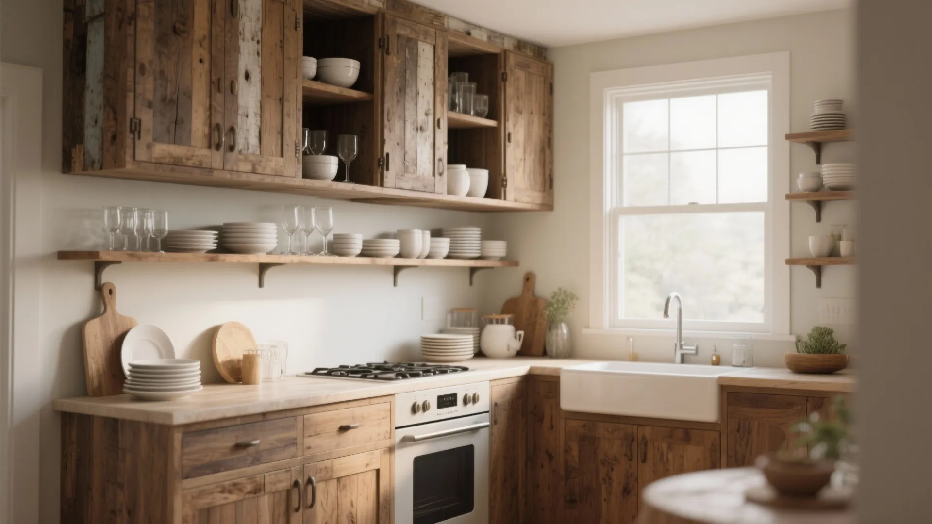 Rustic wooden kitchen with open shelving showing neatly organized white plates bowls and glass cups