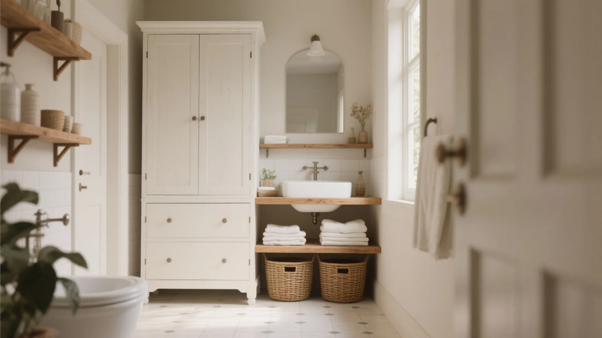 2. Antique White with Open Shelving