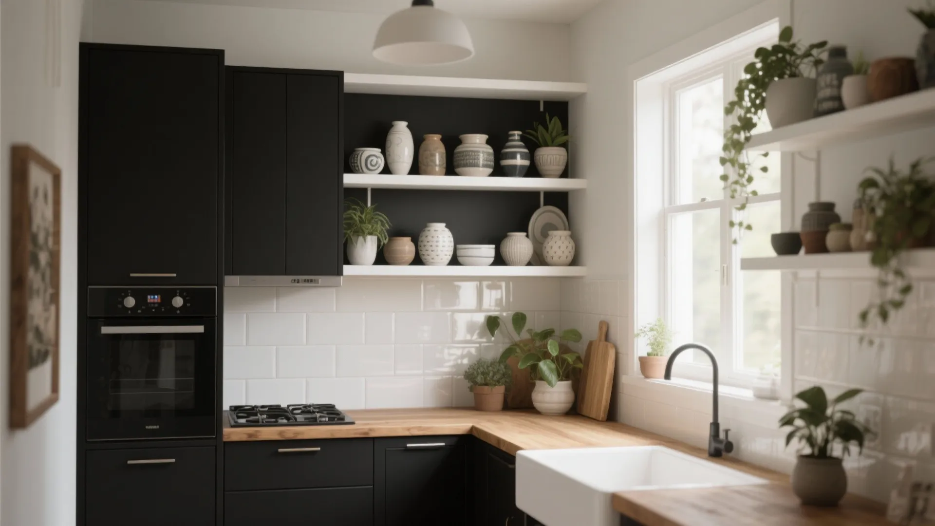 Small kitchen with black lower cabinets and white open shelves filled with ceramics and plants.