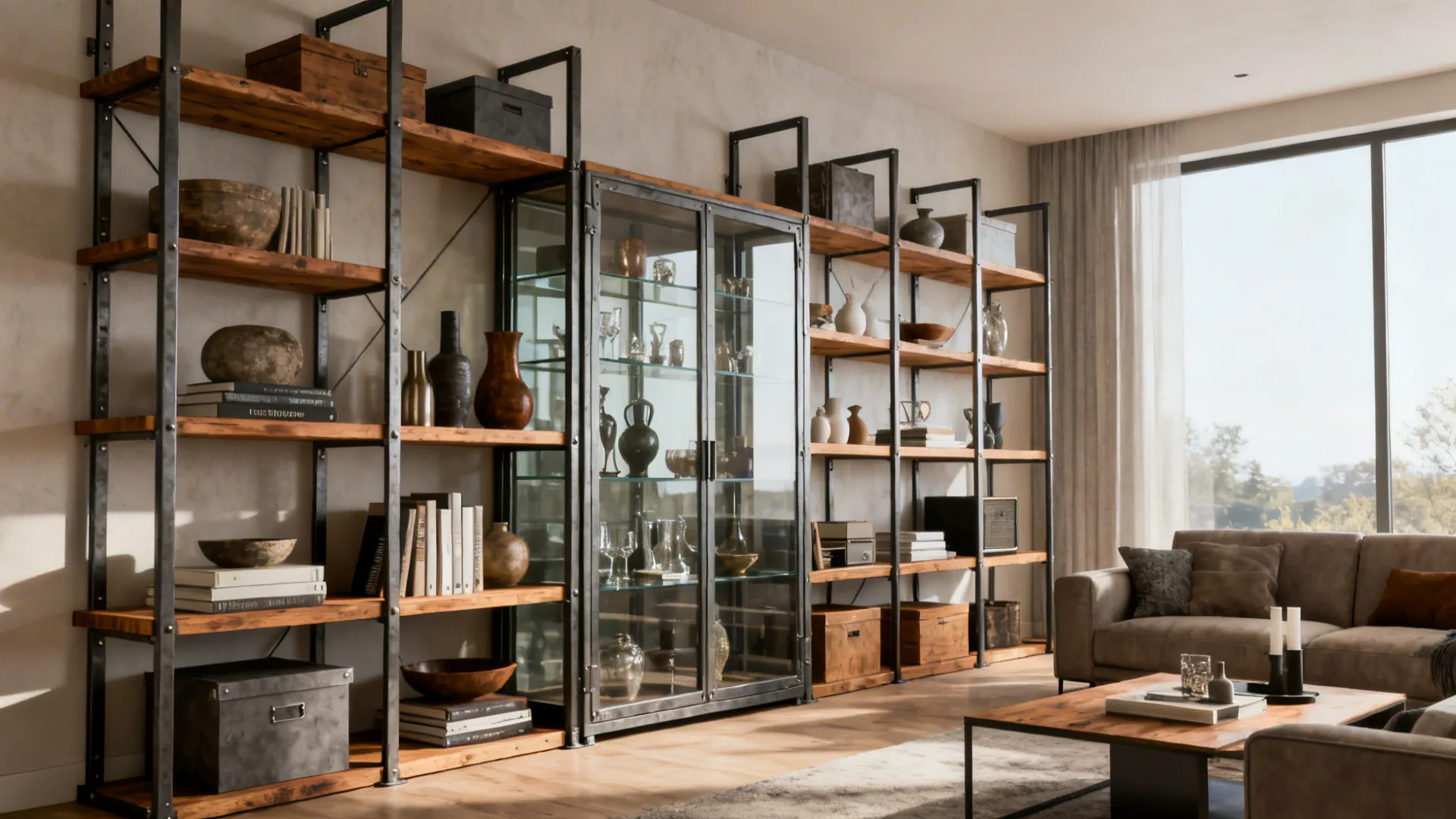 Open mixed-material shelving with wood shelves and metal frames displaying curated items and a glass-front section