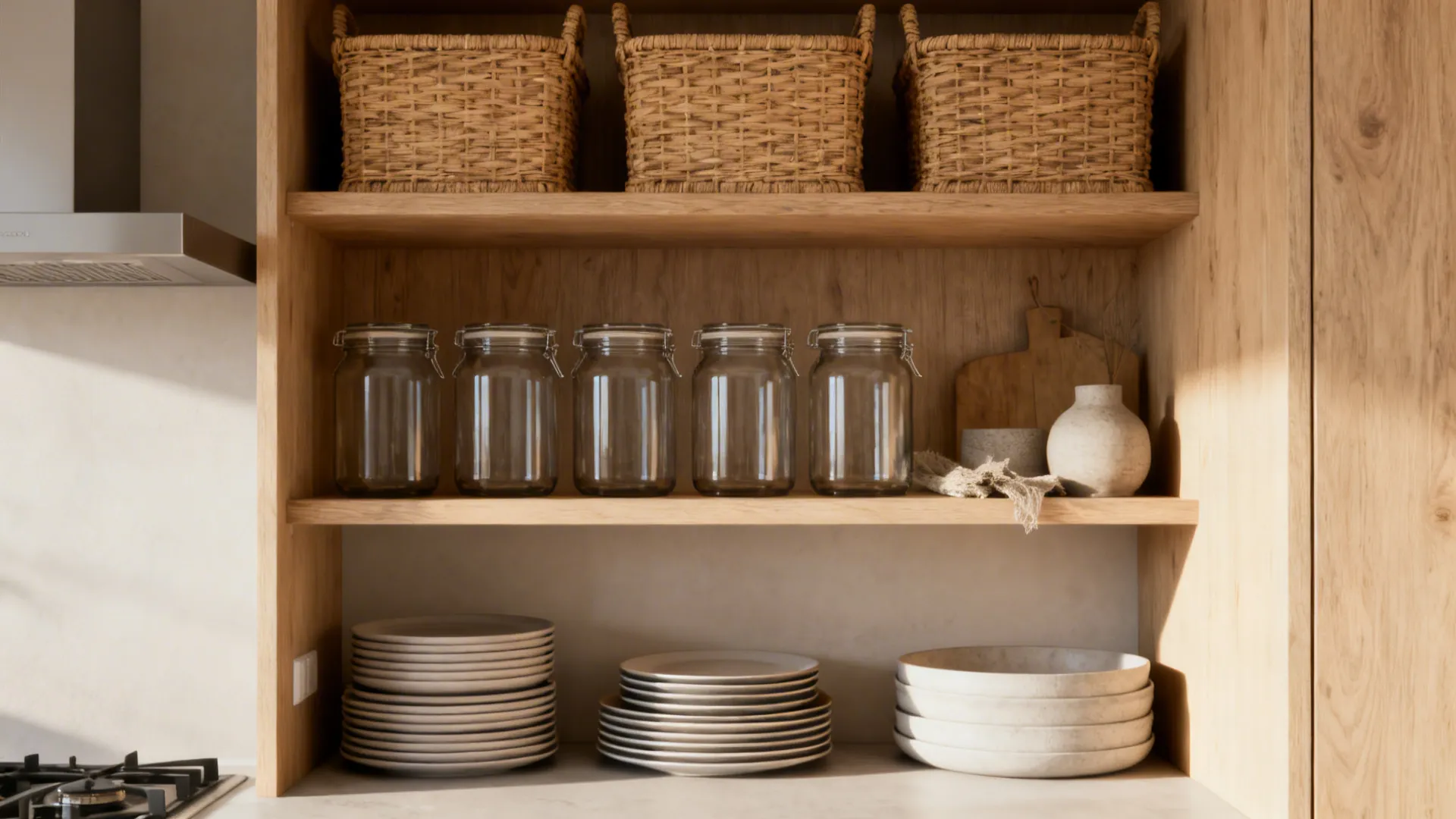 Open wooden kitchen shelves with matching jars and baskets creating a tidy look.
