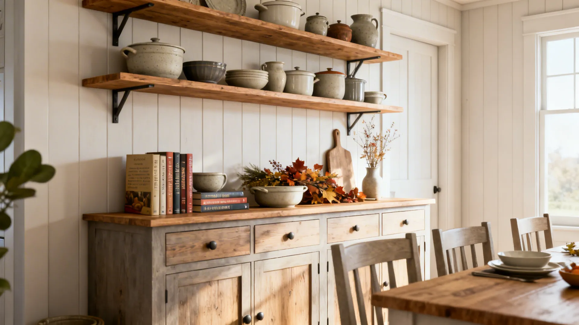 Open wooden shelving displaying stoneware and cookbooks above a sideboard