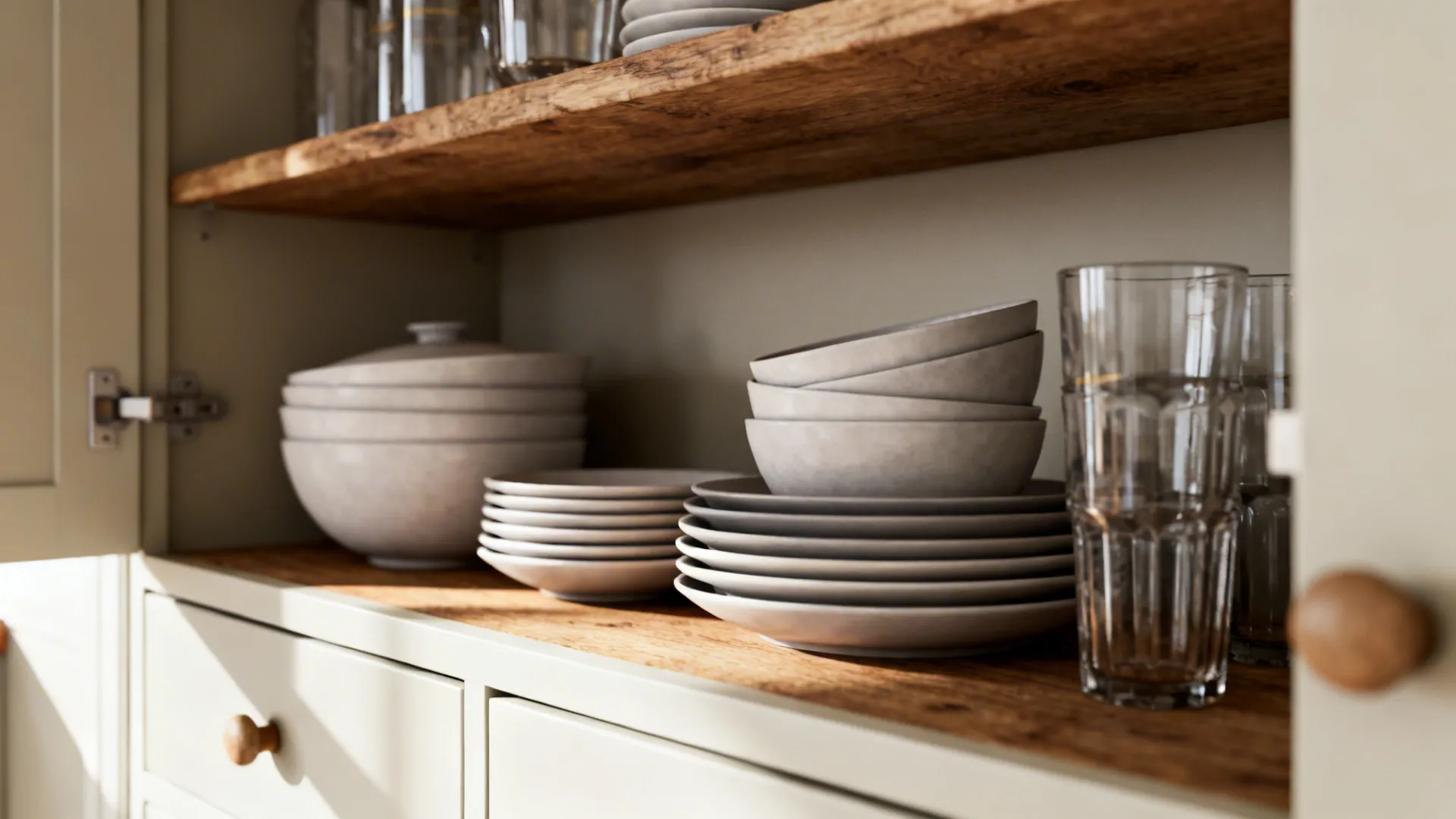 Close-up of tidy open shelving with matching dishware and closed drawers below in a small kitchen