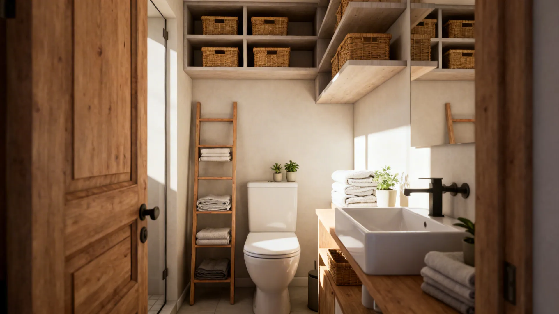 Compact bathroom with floating shelves, wicker baskets and a ladder shelf for clever storage.