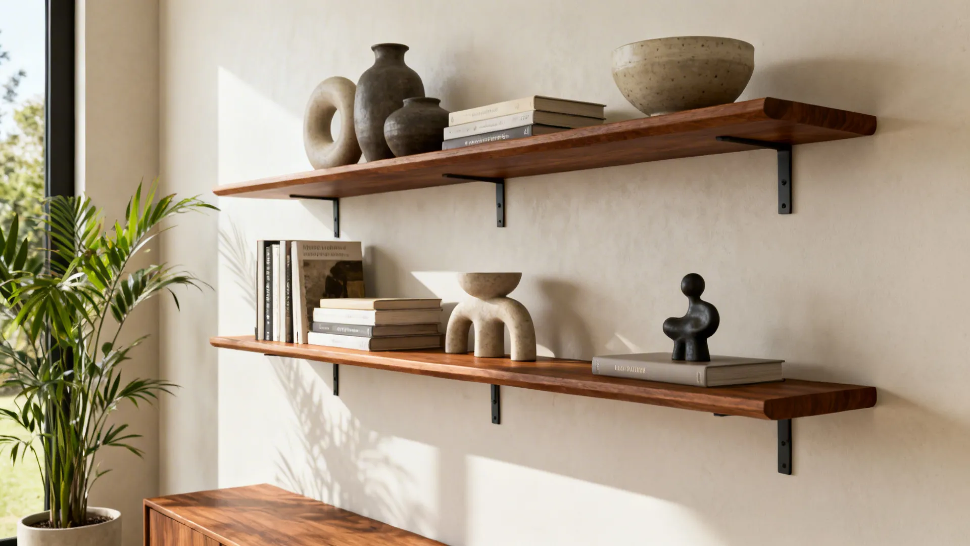 Teak open shelving with curated ceramics, books and sculptural objects in a mid-century setting.