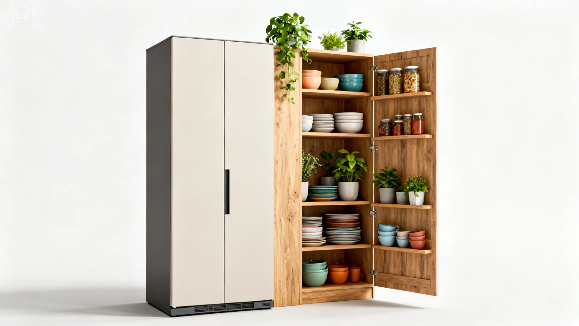 Tall cream cabinet beside open wooden shelving unit filled with colorful bowls plates and plants