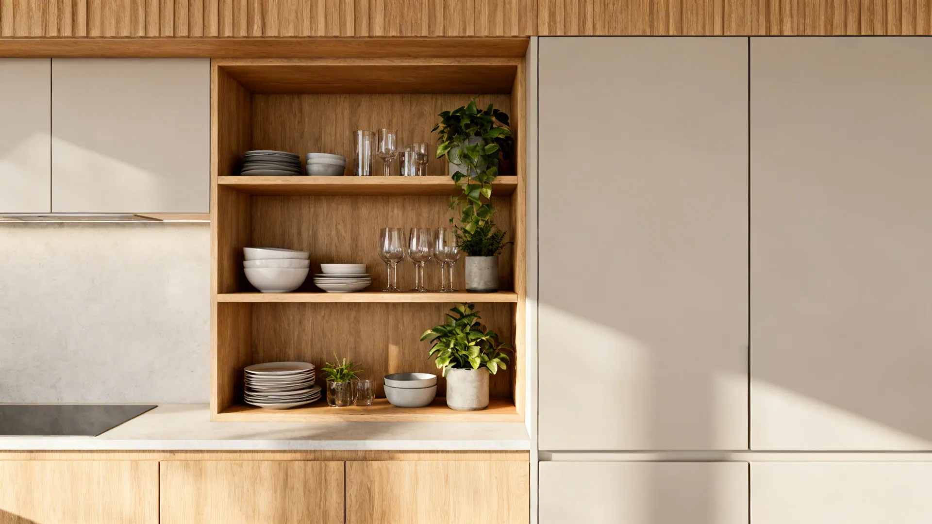 Open wooden kitchen shelves styled with dishes and plants next to closed cabinets.