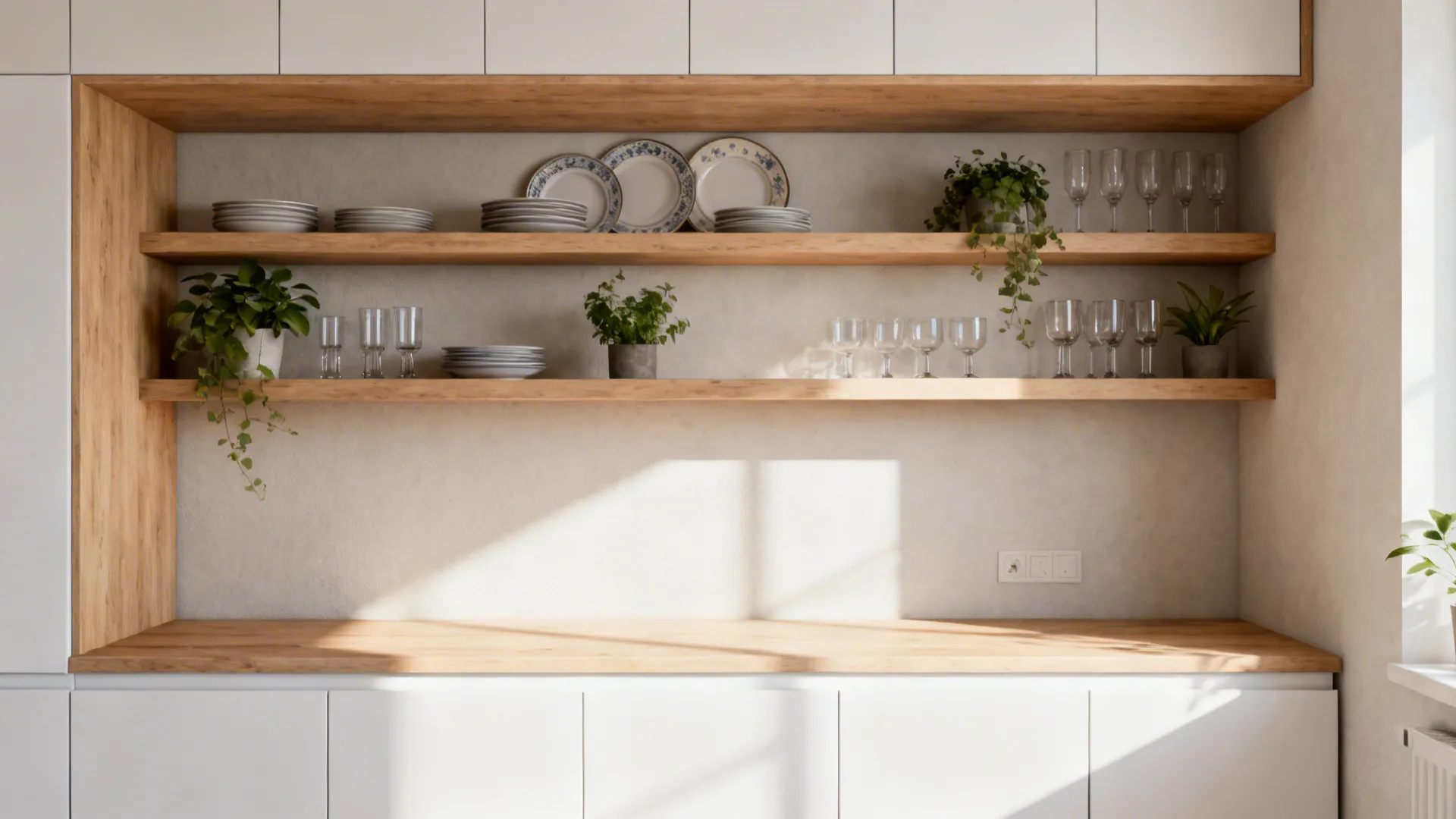 Kitchen wall with floating wood shelves above RTA base cabinets and styled dishware.