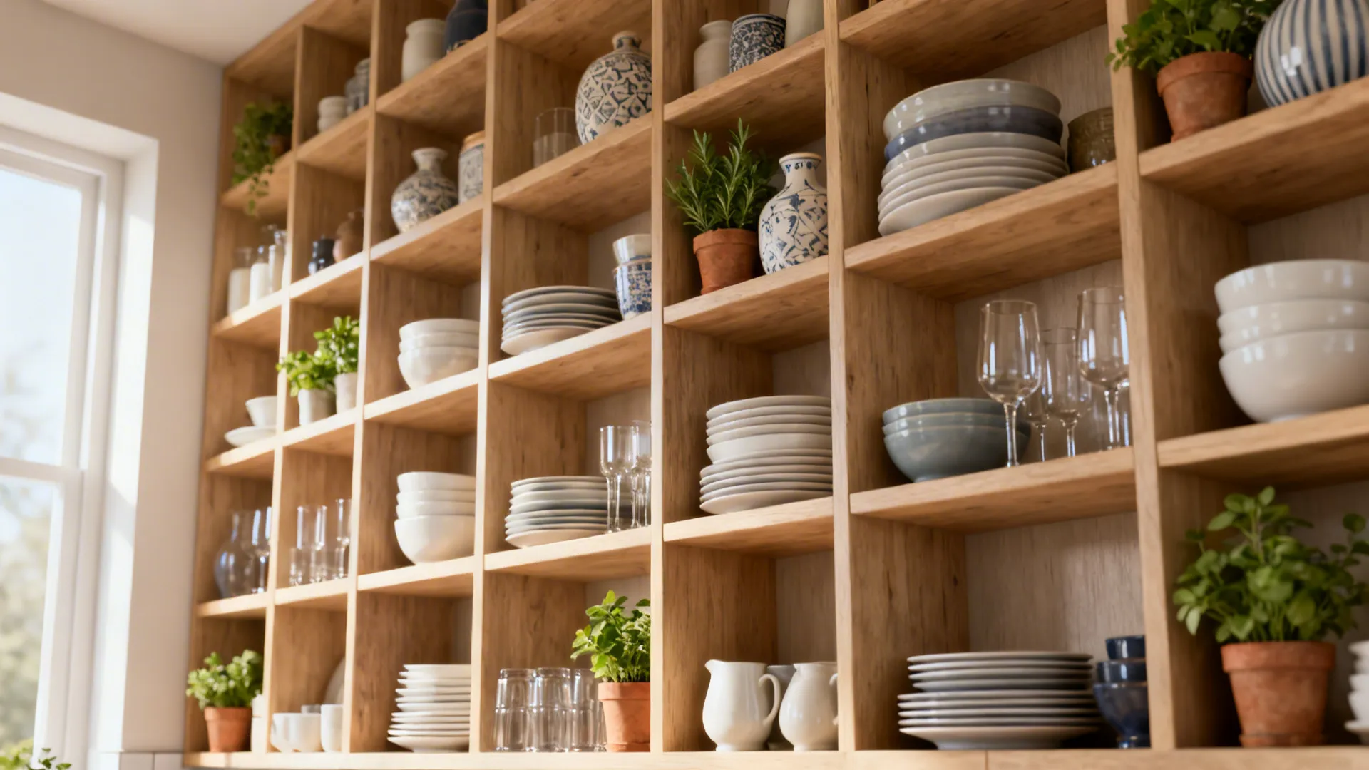 Full-height open wooden kitchen shelves neatly styled with dishes and plants to lift the ceiling visually.