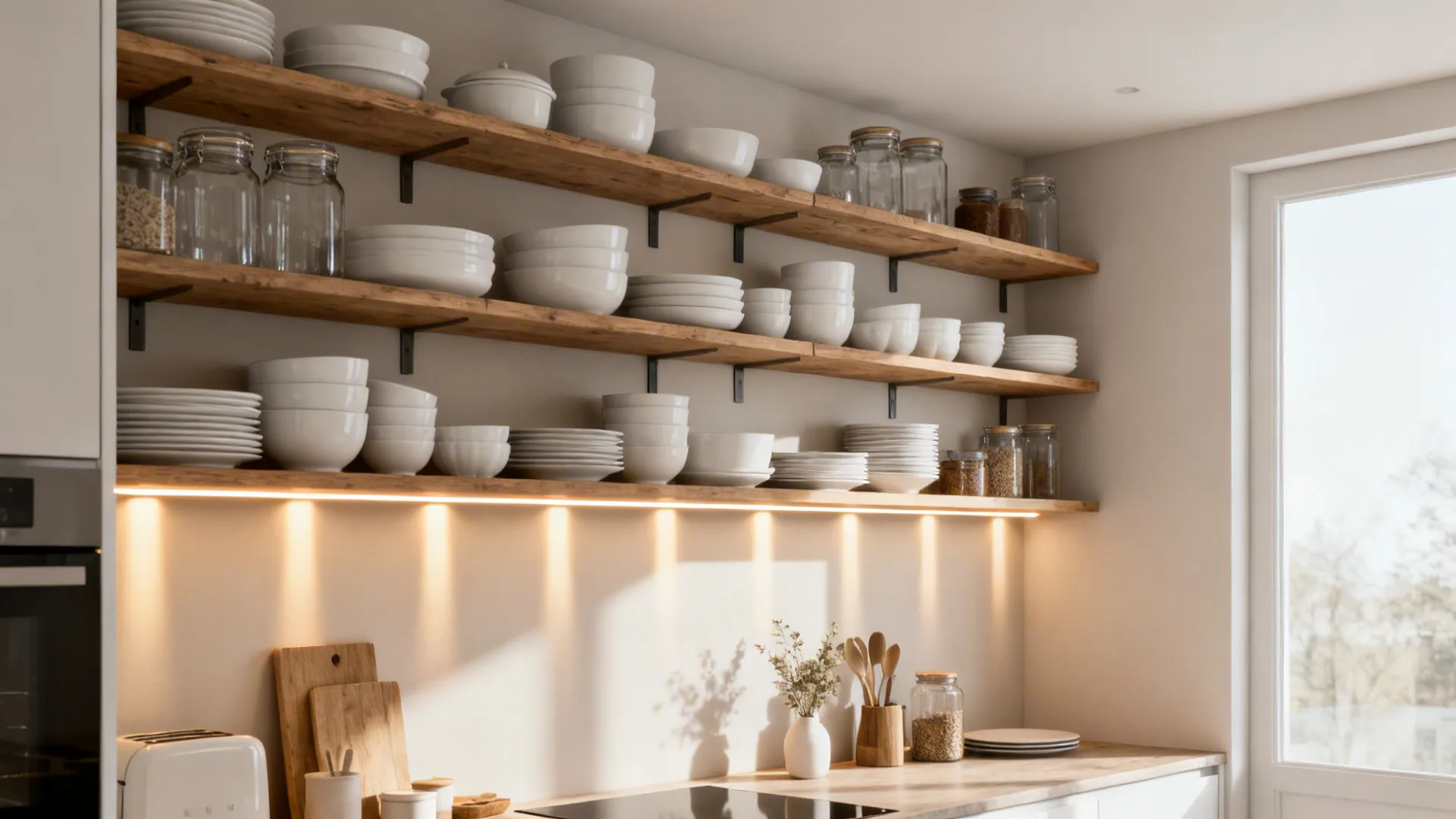 Open wooden shelving in a small kitchen neatly styled with dishes and jars, lit by under-shelf LED strips.