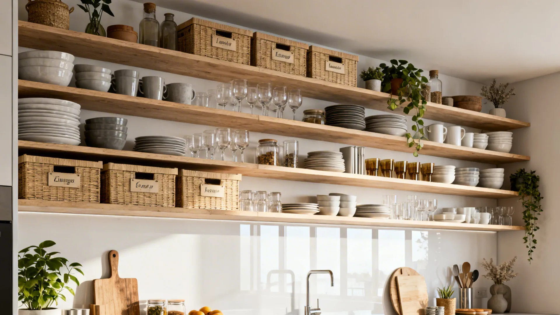 Open shelving in a small kitchen with curated dishes and storage baskets
