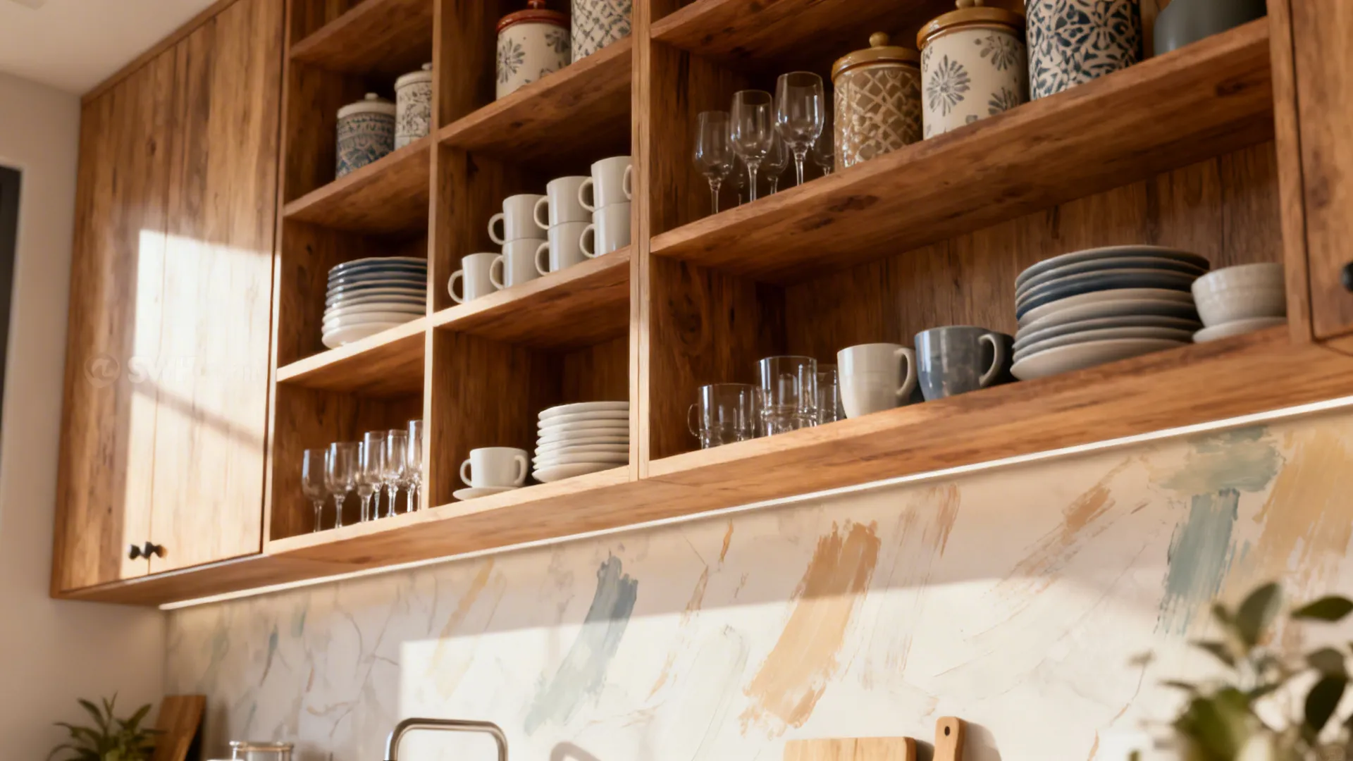 Open kitchen shelves with coordinated dishes and canisters that make the room feel larger.