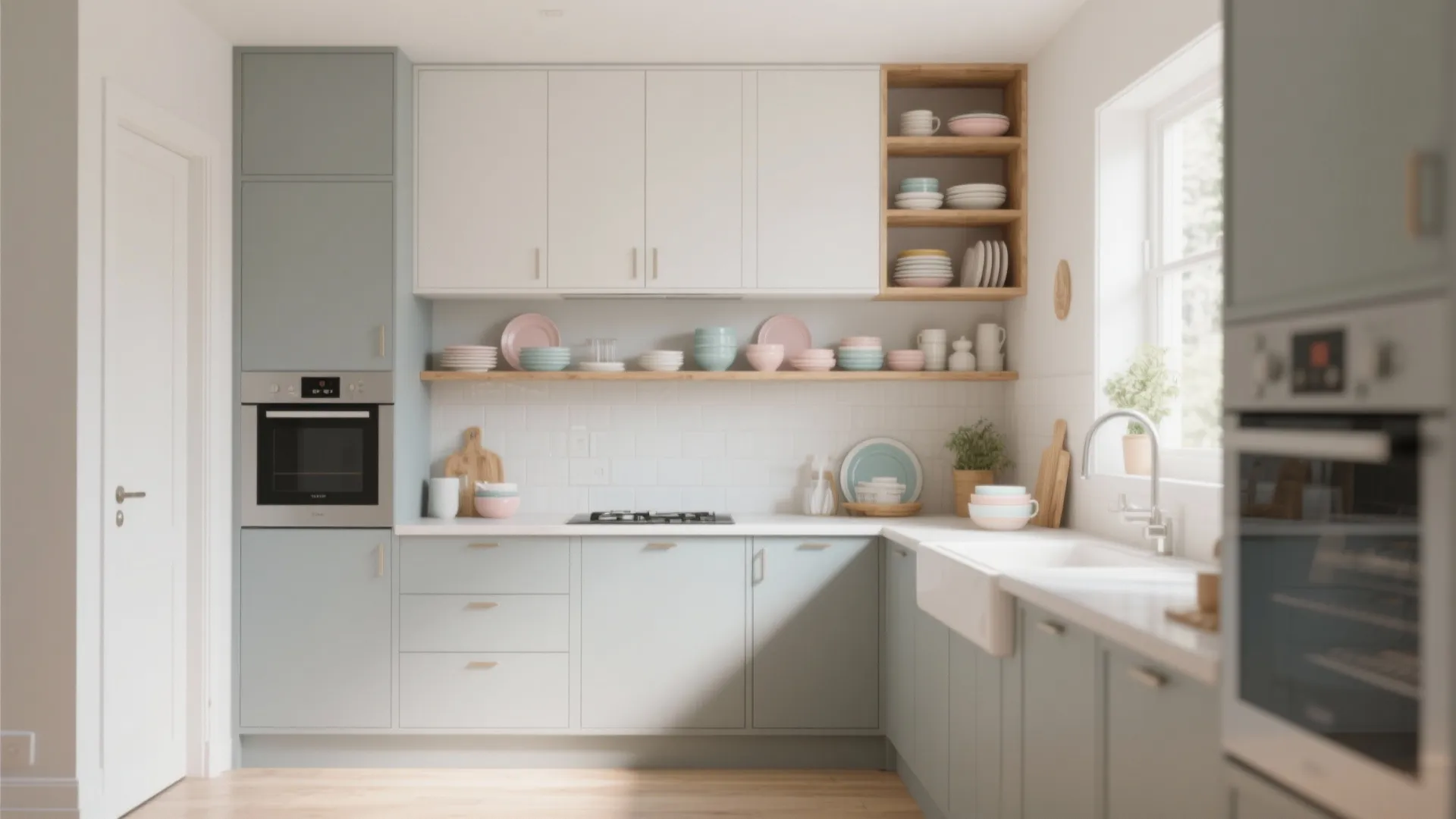 Small kitchen with light grey cabinets and open shelving showing curated dishware and expanded sightlines.
