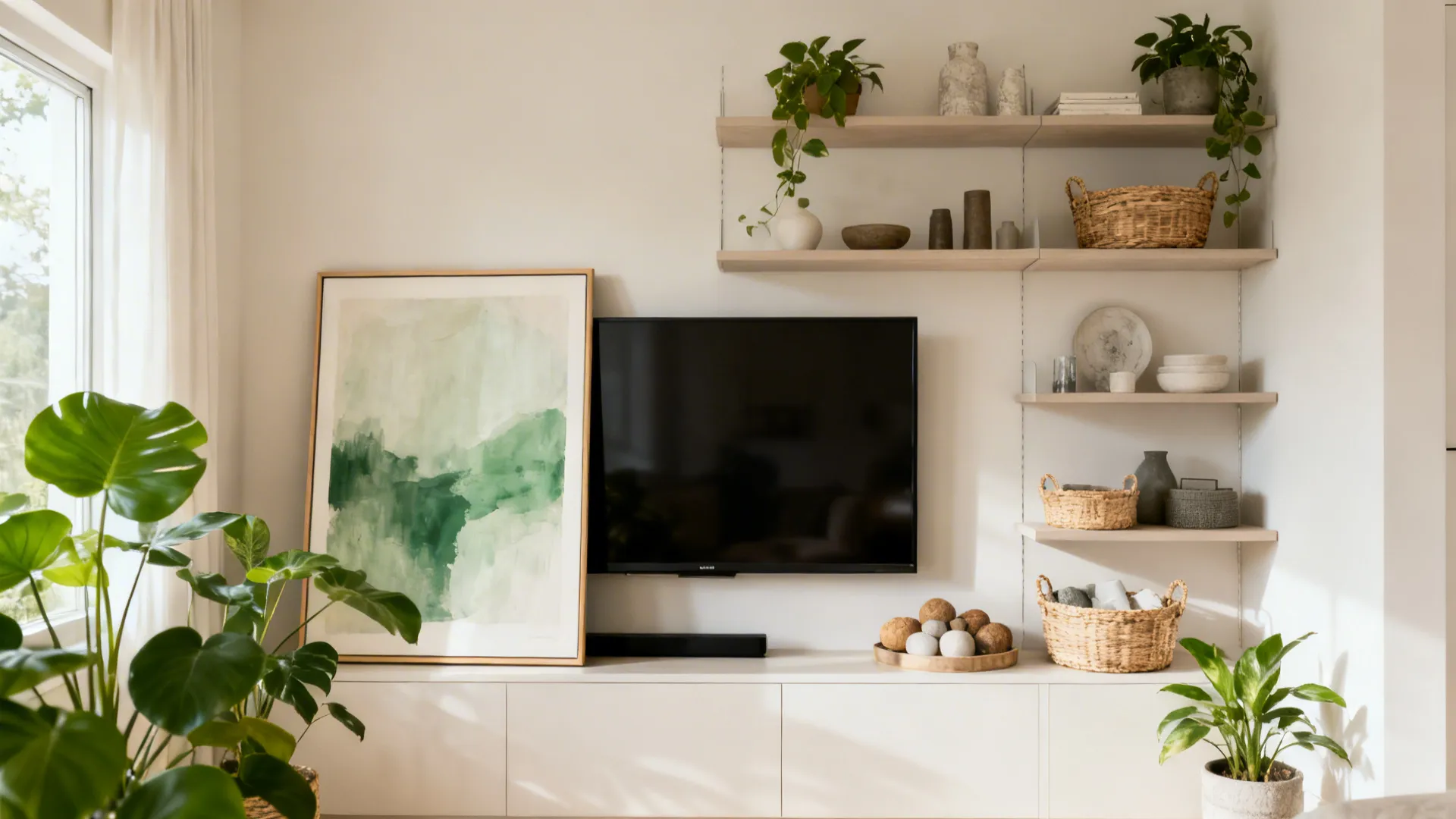 Minimalist open shelving styled with decor and a large art piece beside a TV.