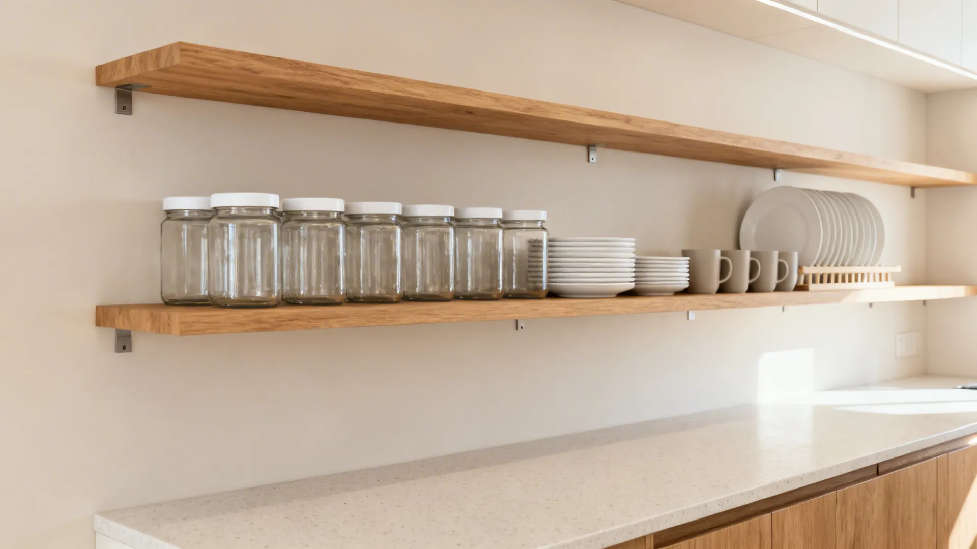 Minimalist ash wood open shelves with uniform jars and plates over a light countertop.