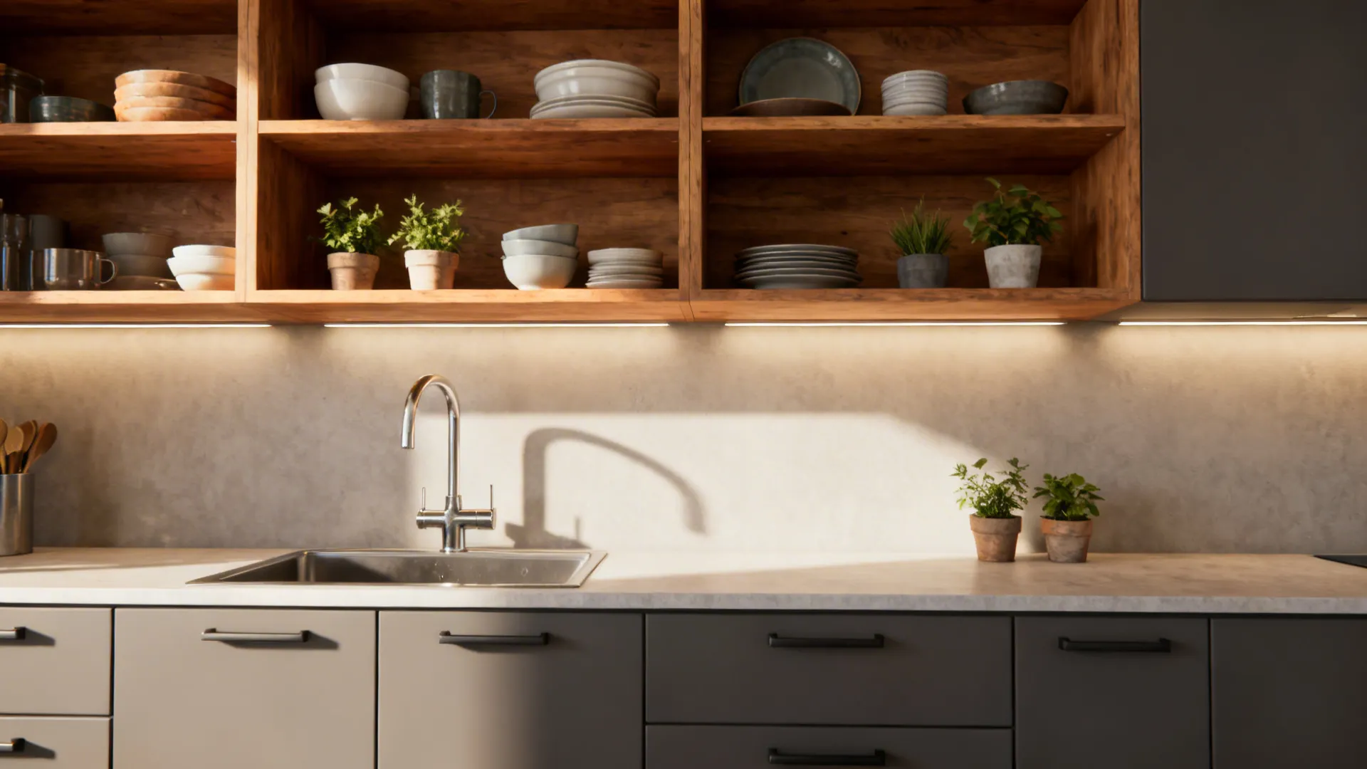 Kitchen sink with grey cabinets below wooden open shelves holding plates bowls and small plants