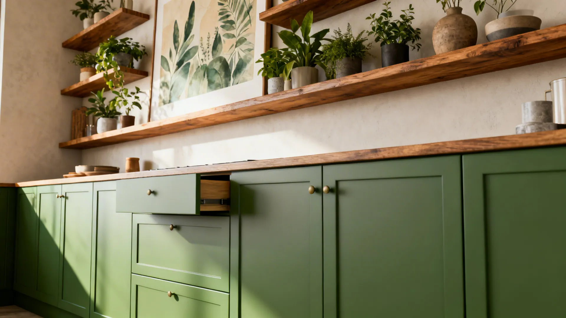 Kitchen wall balancing open shelves with curated plants and art and closed cabinetry for storage.