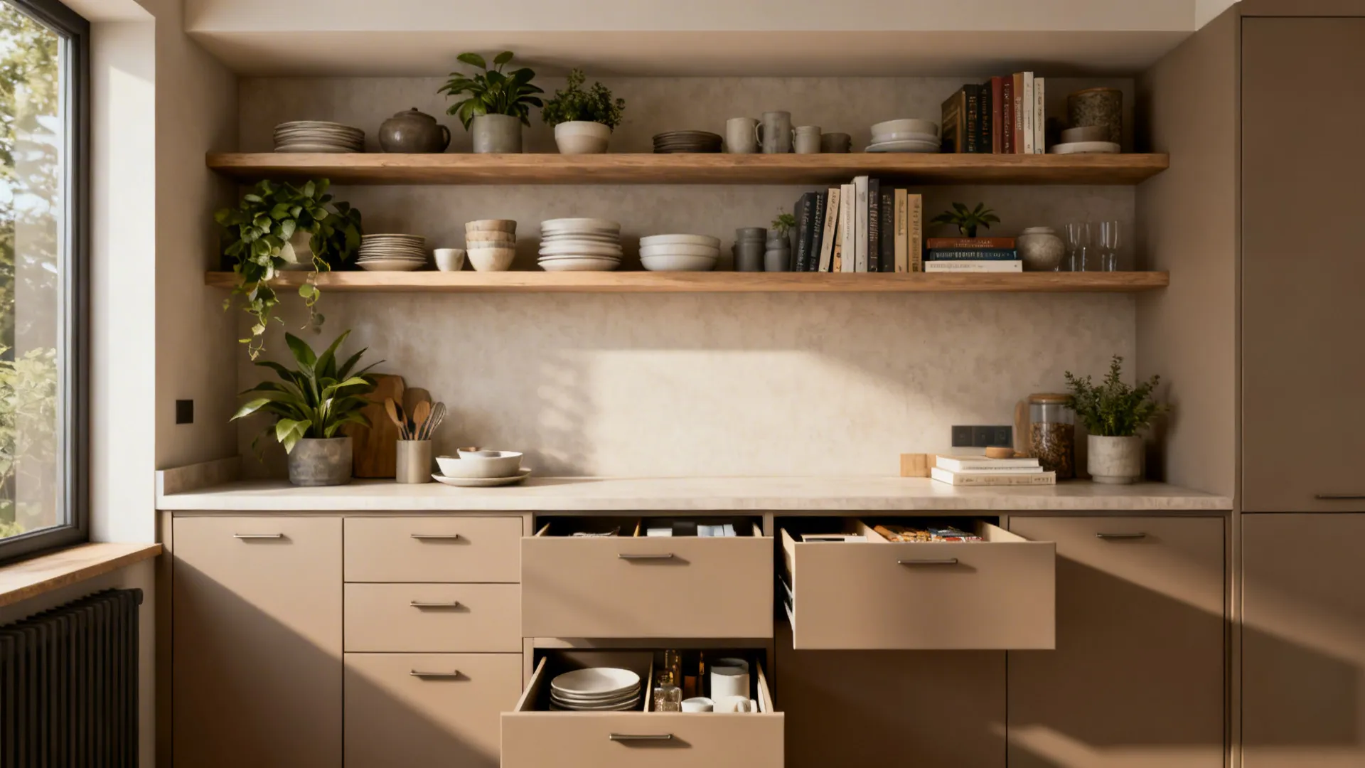 Open shelves above counter paired with closed drawers below showing a balance of display and hidden storage