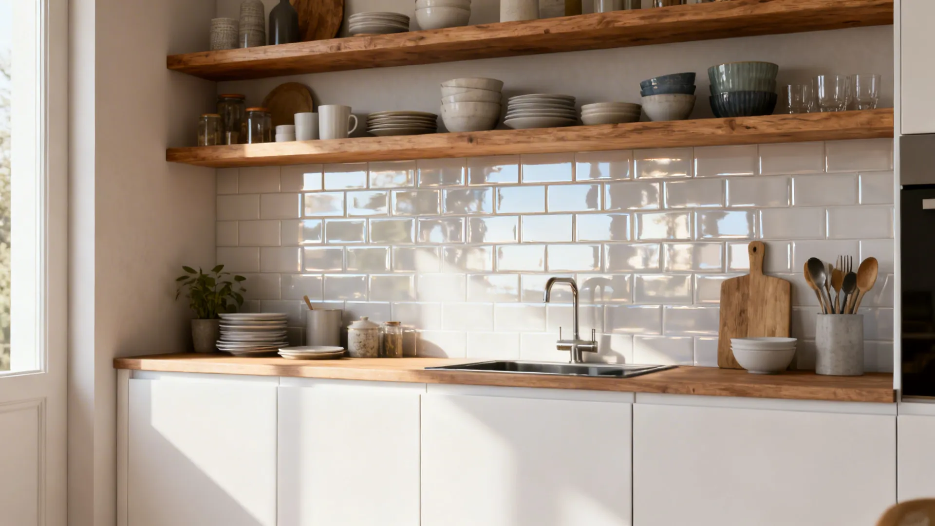 Small kitchen with open wood shelves for dishes and closed matte white cabinets below