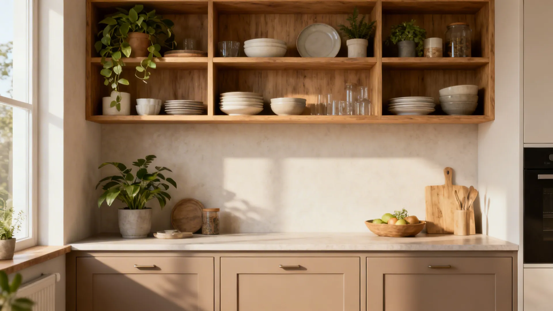 Small kitchen wall with open shelves displaying dishes and lower closed cabinets for hidden storage.