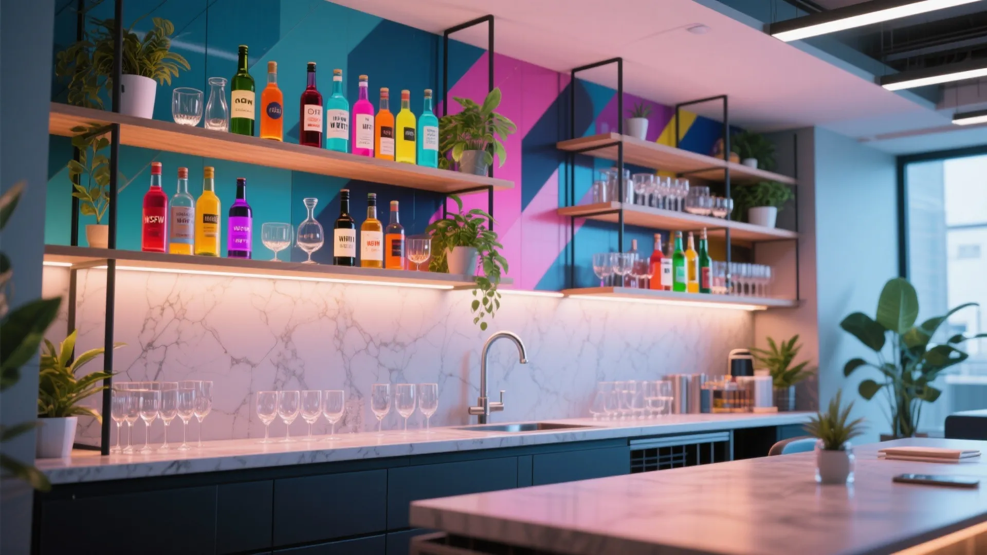 Colorful office bar area with marble countertop open wooden shelves glass bottles and vibrant wall patterns