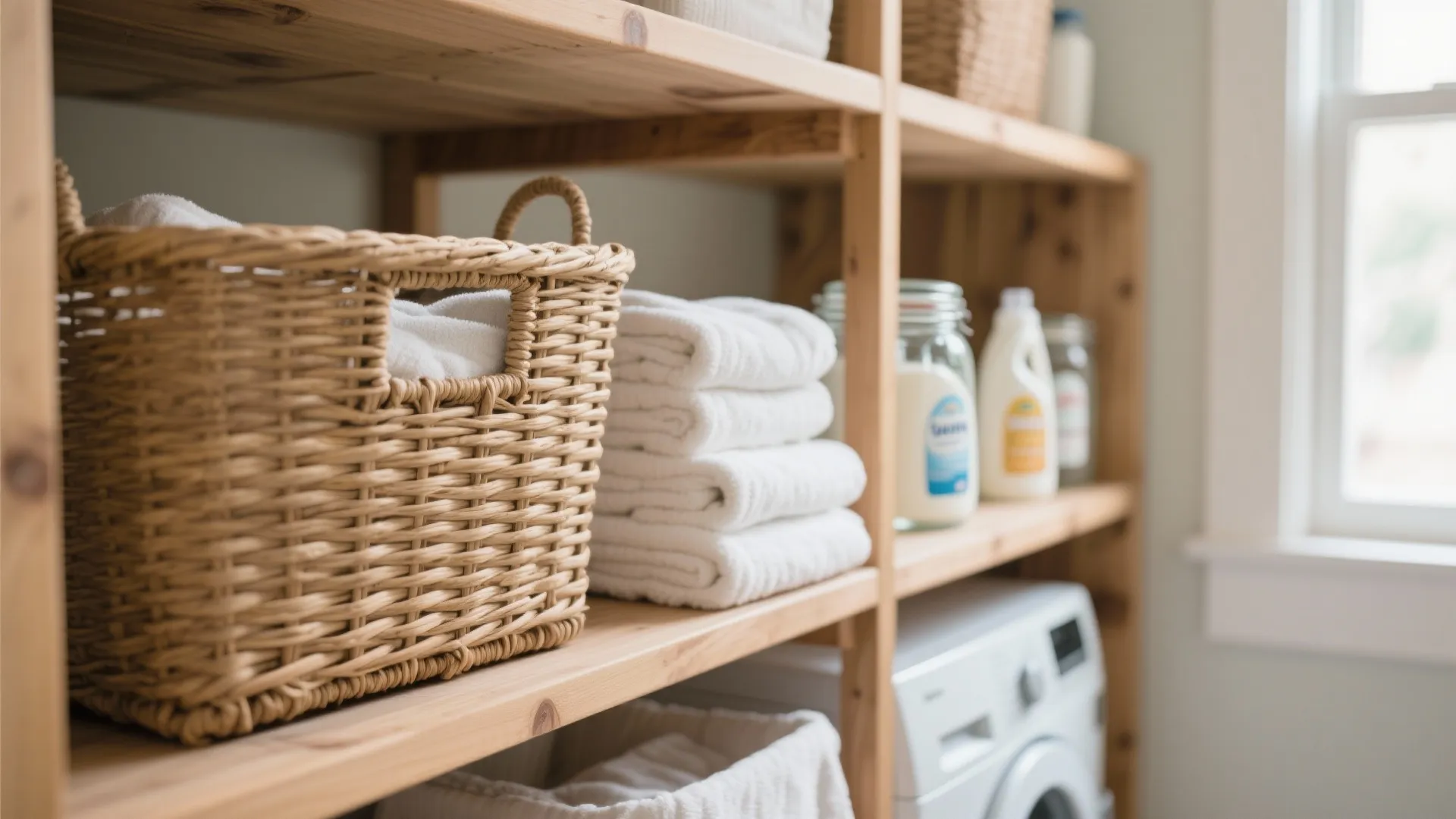 Wooden open shelves with woven storage baskets white folded towels and laundry supplies in sunlit room