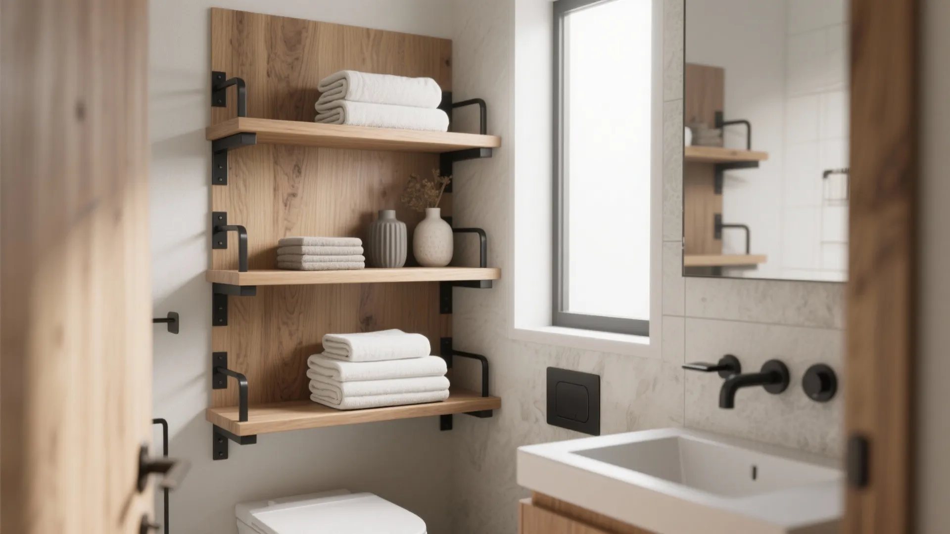 Modern bathroom with wood wall shelves holding white towels and small vases near a white sink